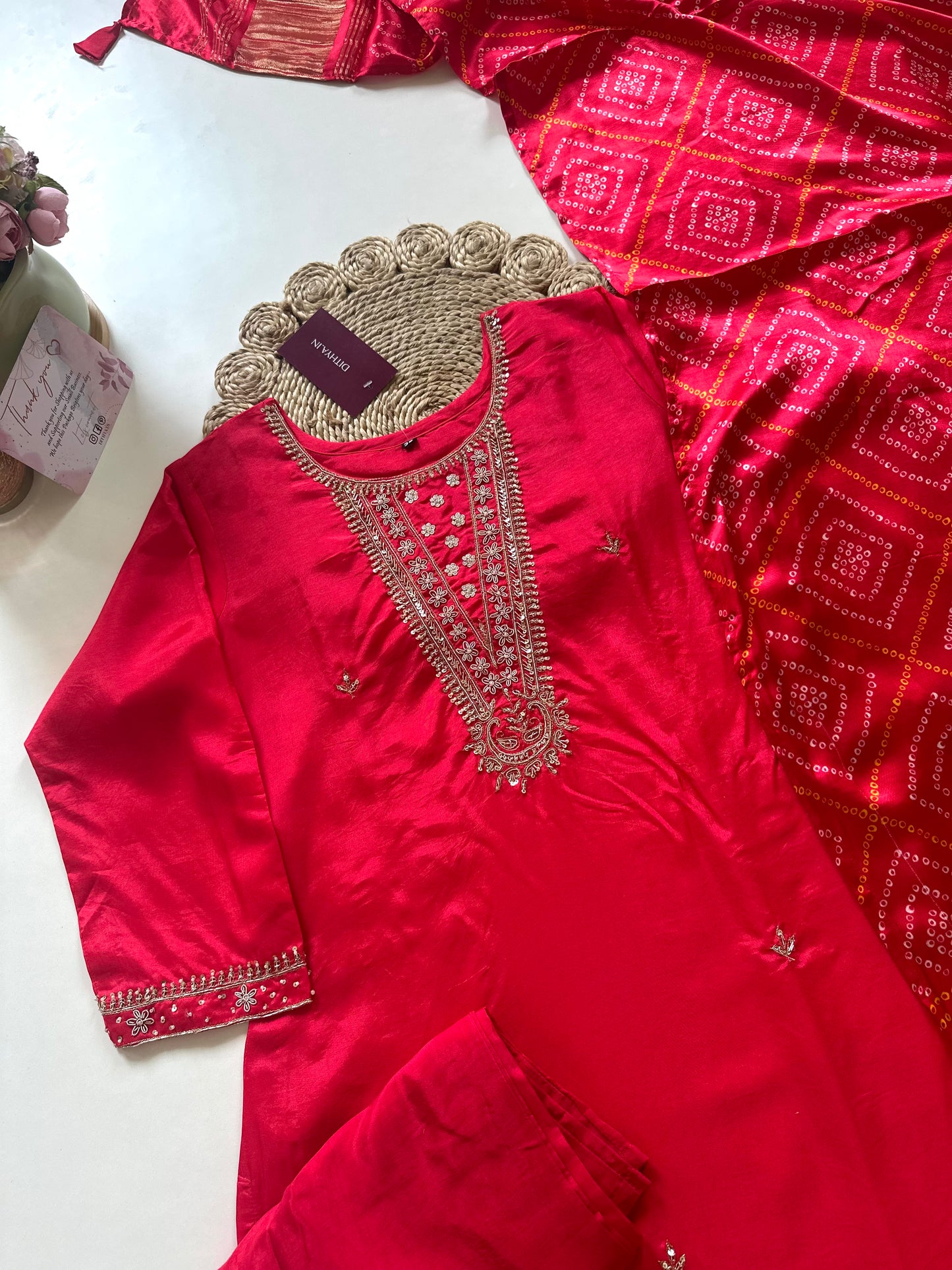 K079 - Gaji silk handwork straight kurti with pants and dupatta