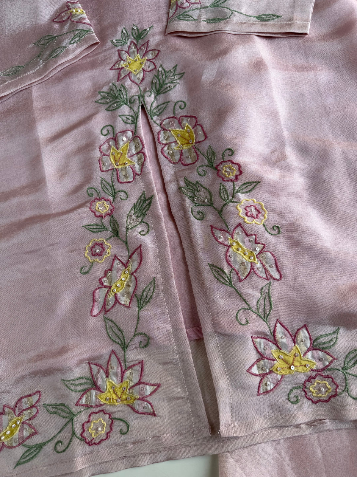 K548 - Tissue silk appliqué handwork short Kurti with divider pants and dupatta
