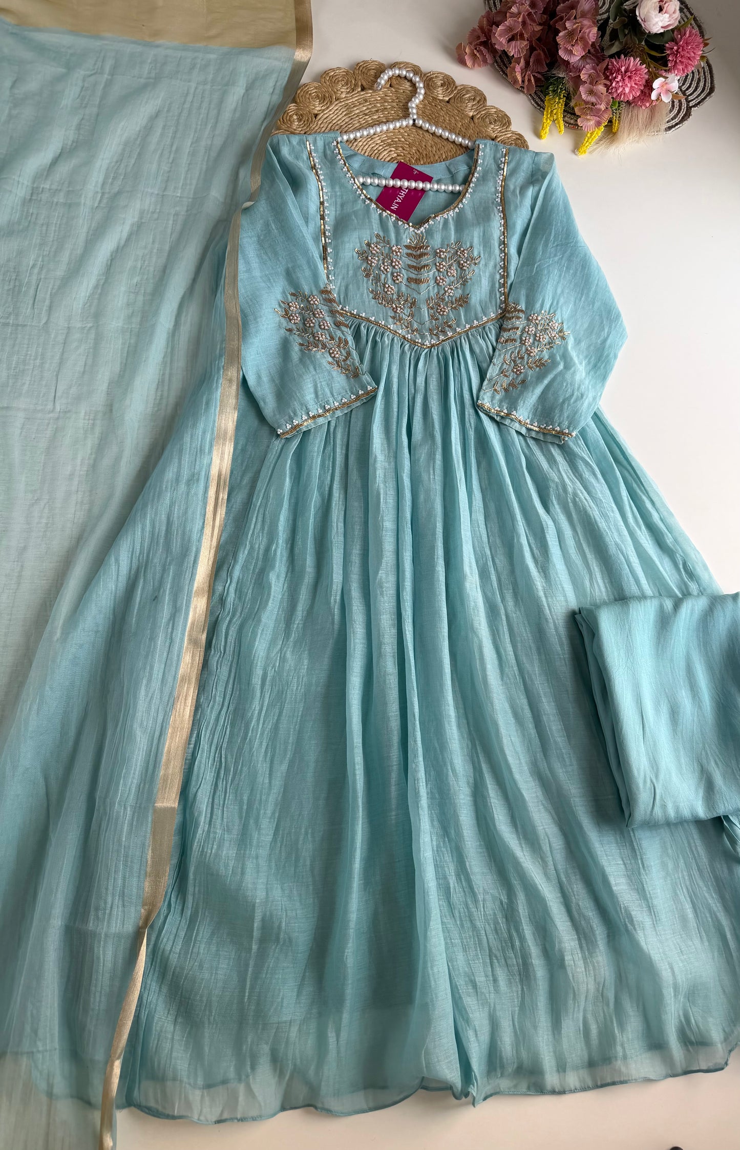 K513 - Mul chanderi handwork Anarkali with pants and dupatta