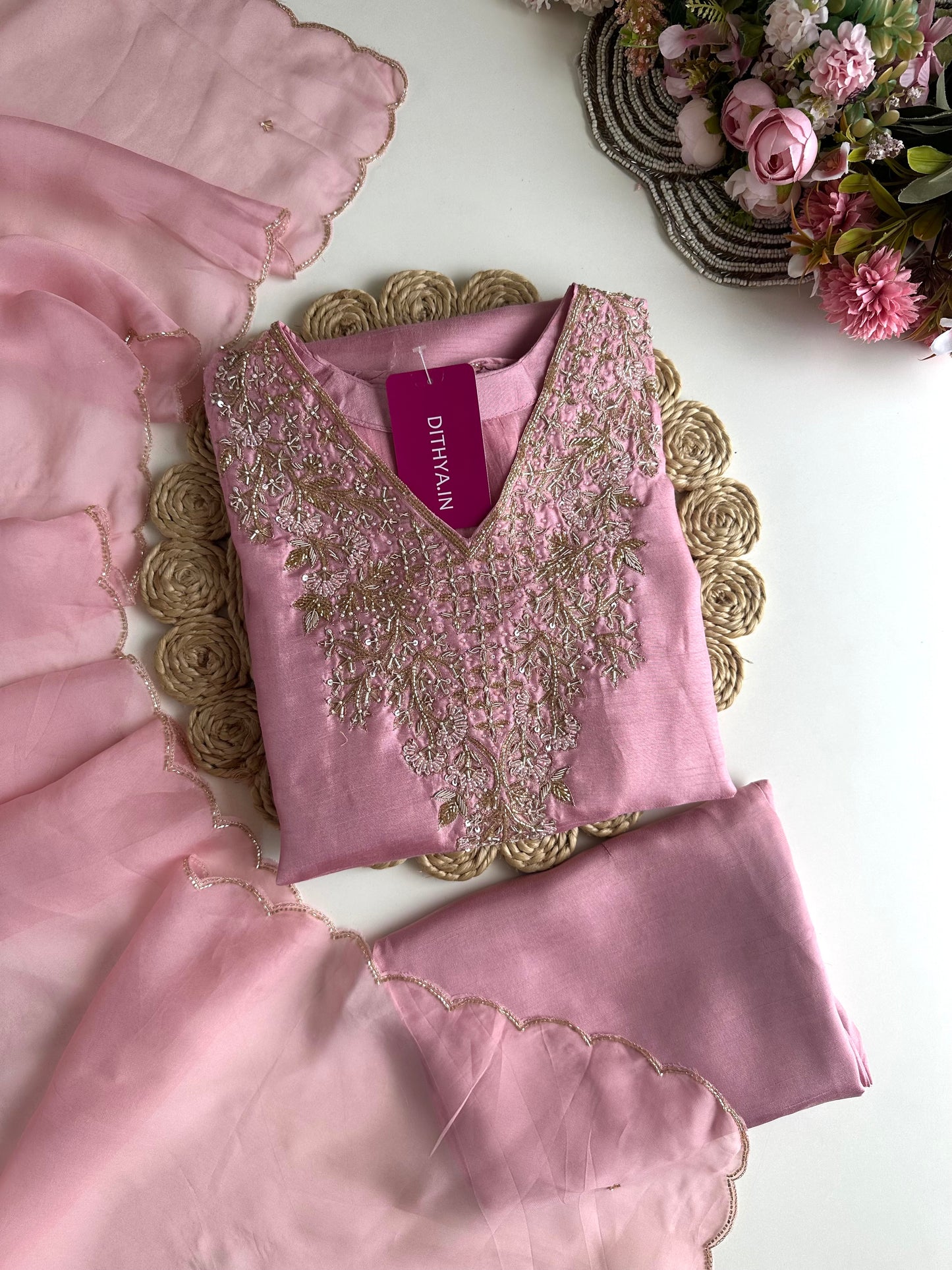 K091 - Russian silk handwork Anarkali with pants and dupatta
