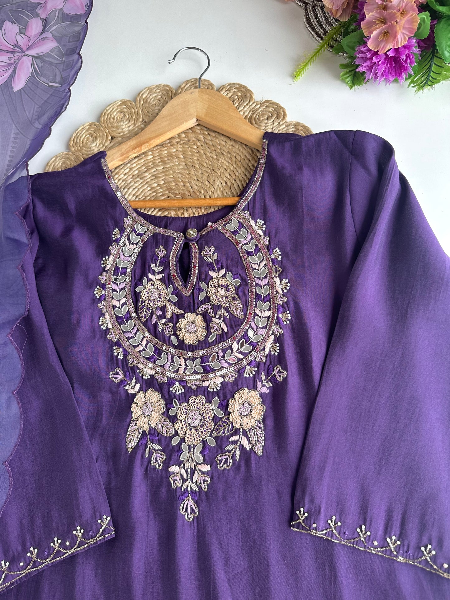 K091 - Roman silk Handwork straight Kurti with pants and dupatta