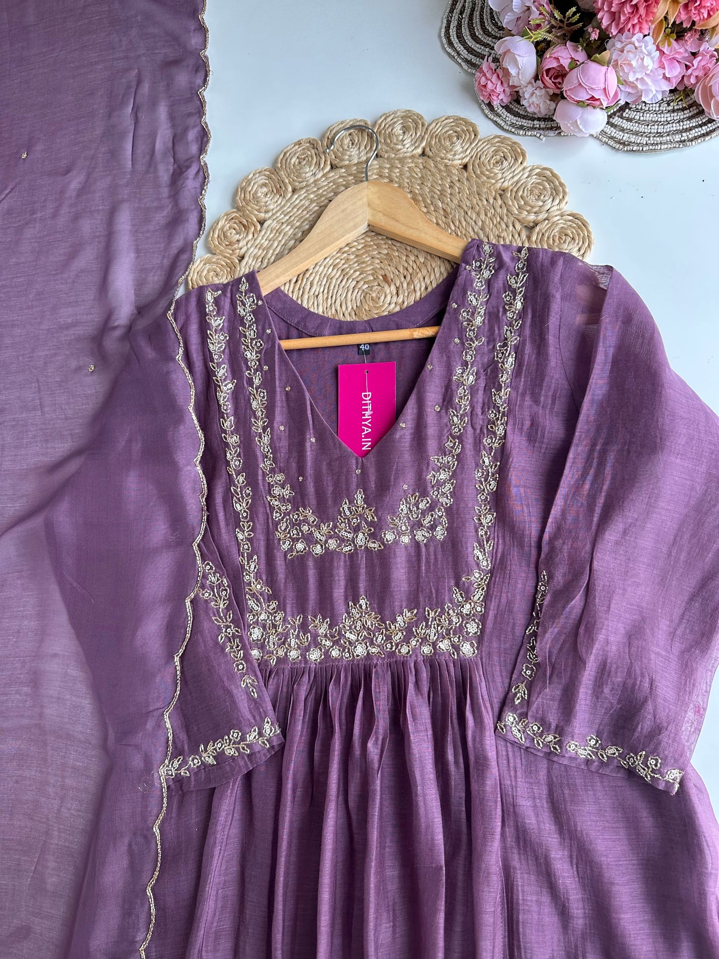 K076 - Mul Chanderi handwork Aline Kurti with pants and dupatta