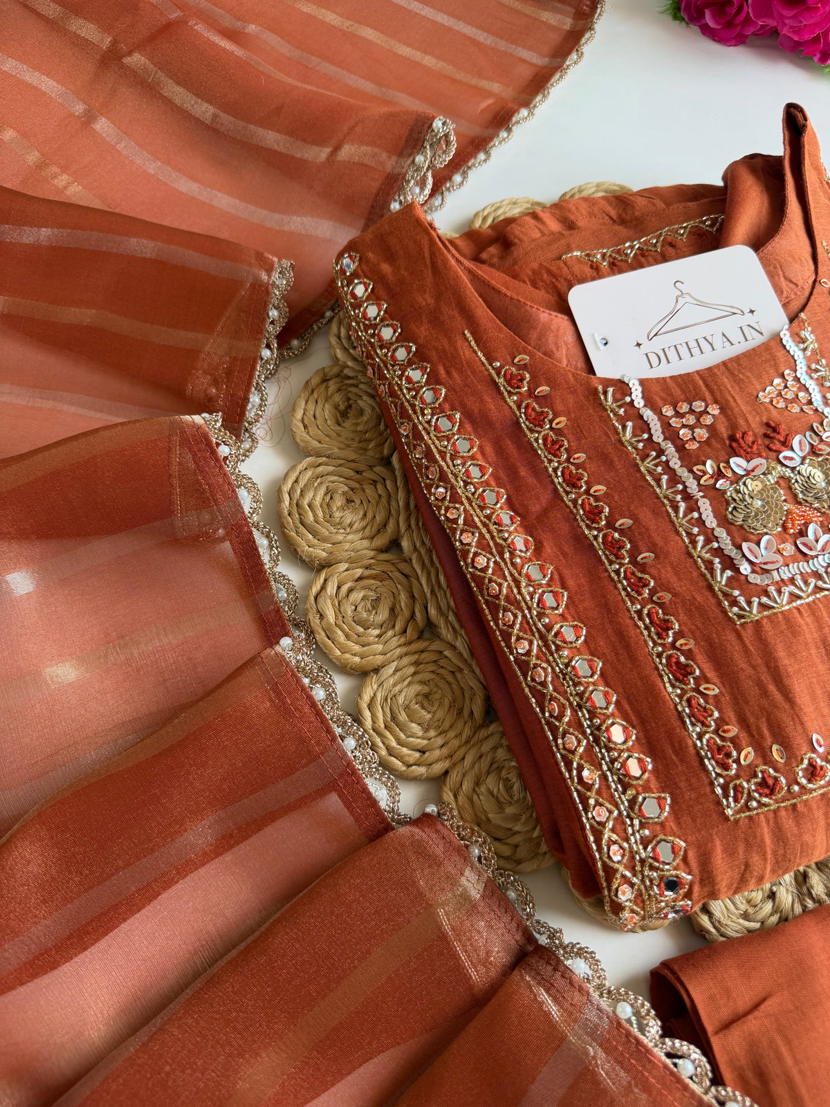 K435 - Mul chanderi handwork Aline Kurti with pants and dupatta