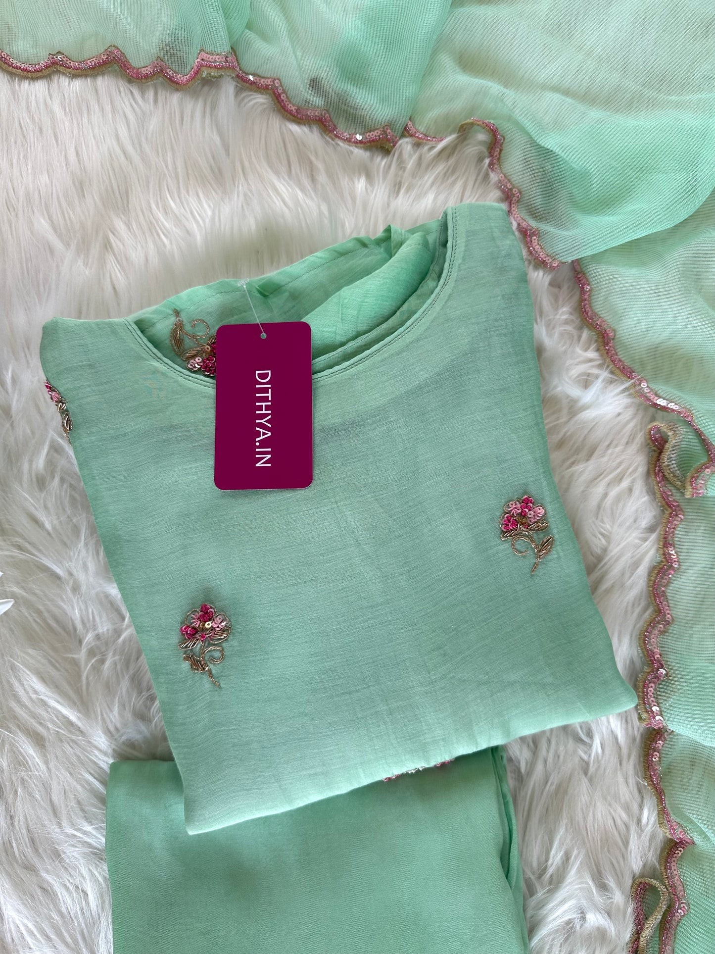 K259 - Mul Chanderi handwork Aline Kurti with pants and dupatta