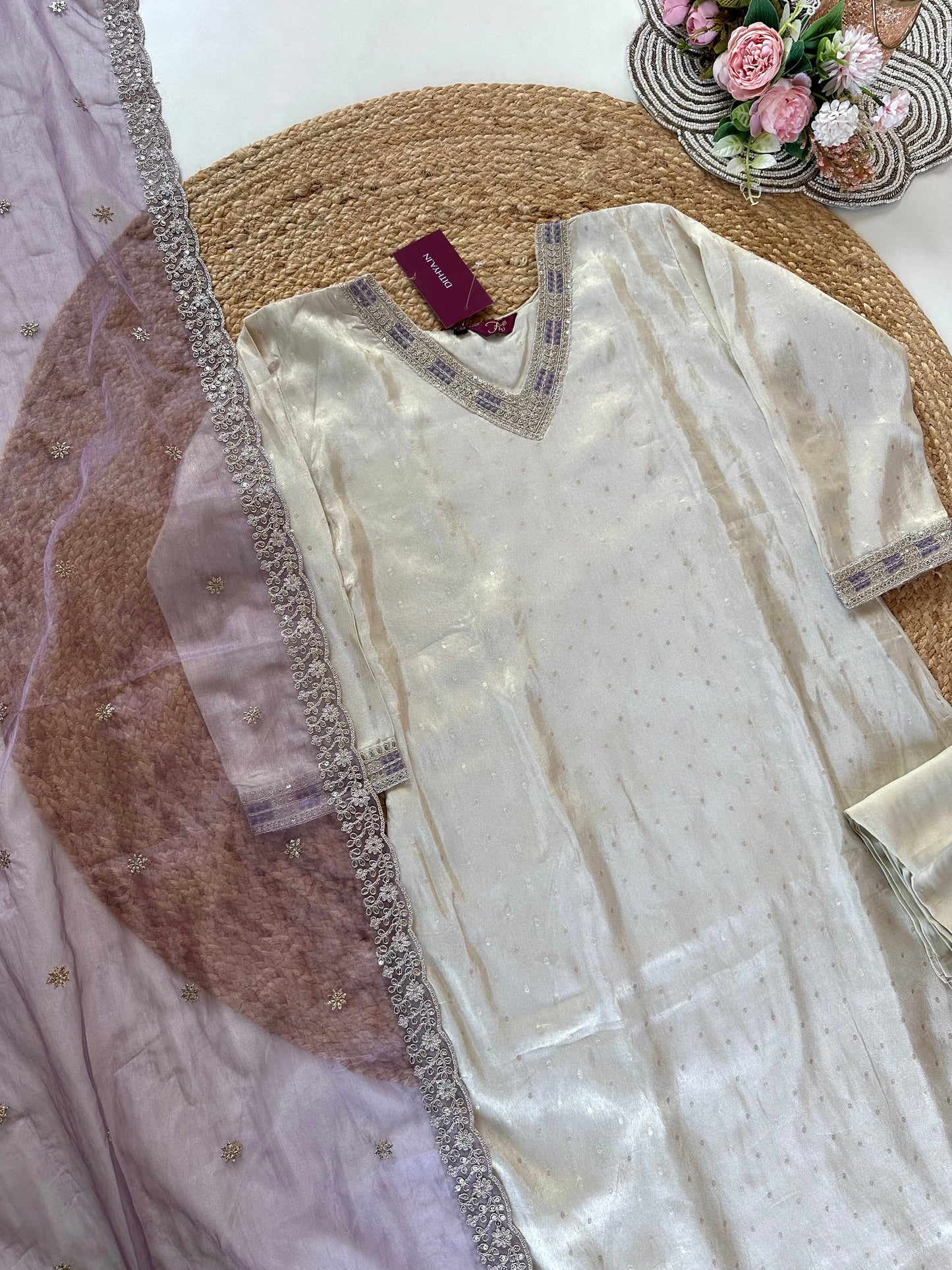 K054 - Tissue silk self weaving straight kurti with pants and dupatta.