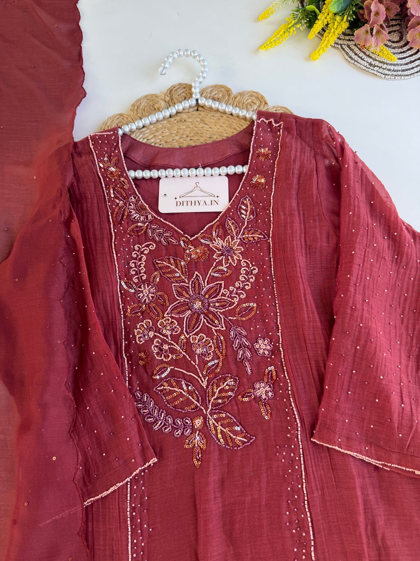 K507 - Mul chanderi handwork Aline Kurti with pants and dupatta