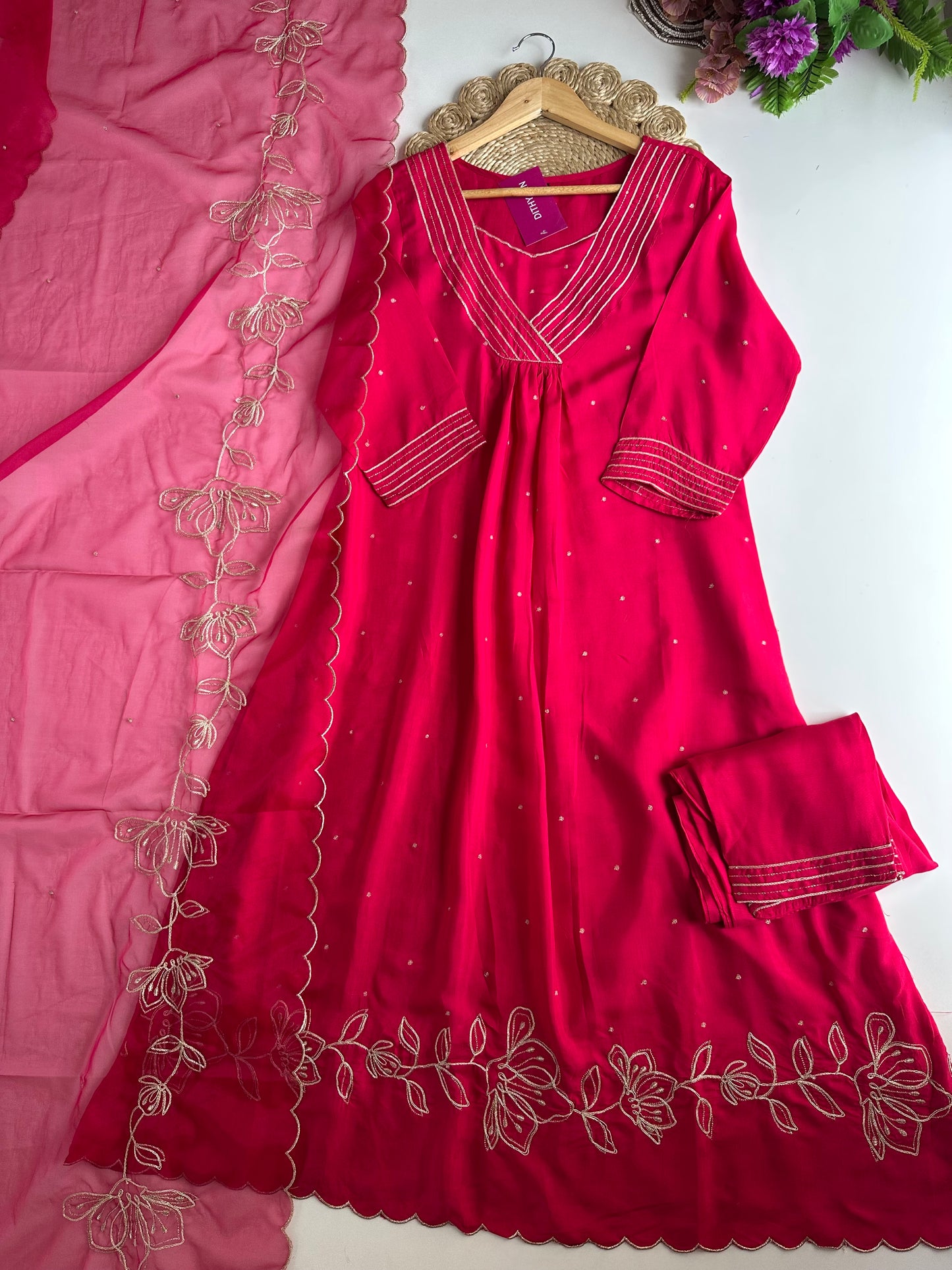 K345 - Russian silk embroidered Anarkali with pants and dupatta