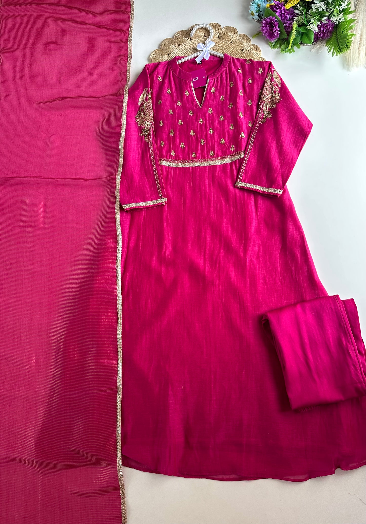 K013 - Mul Chanderi handwork Aline Kurti with pants and dupatta