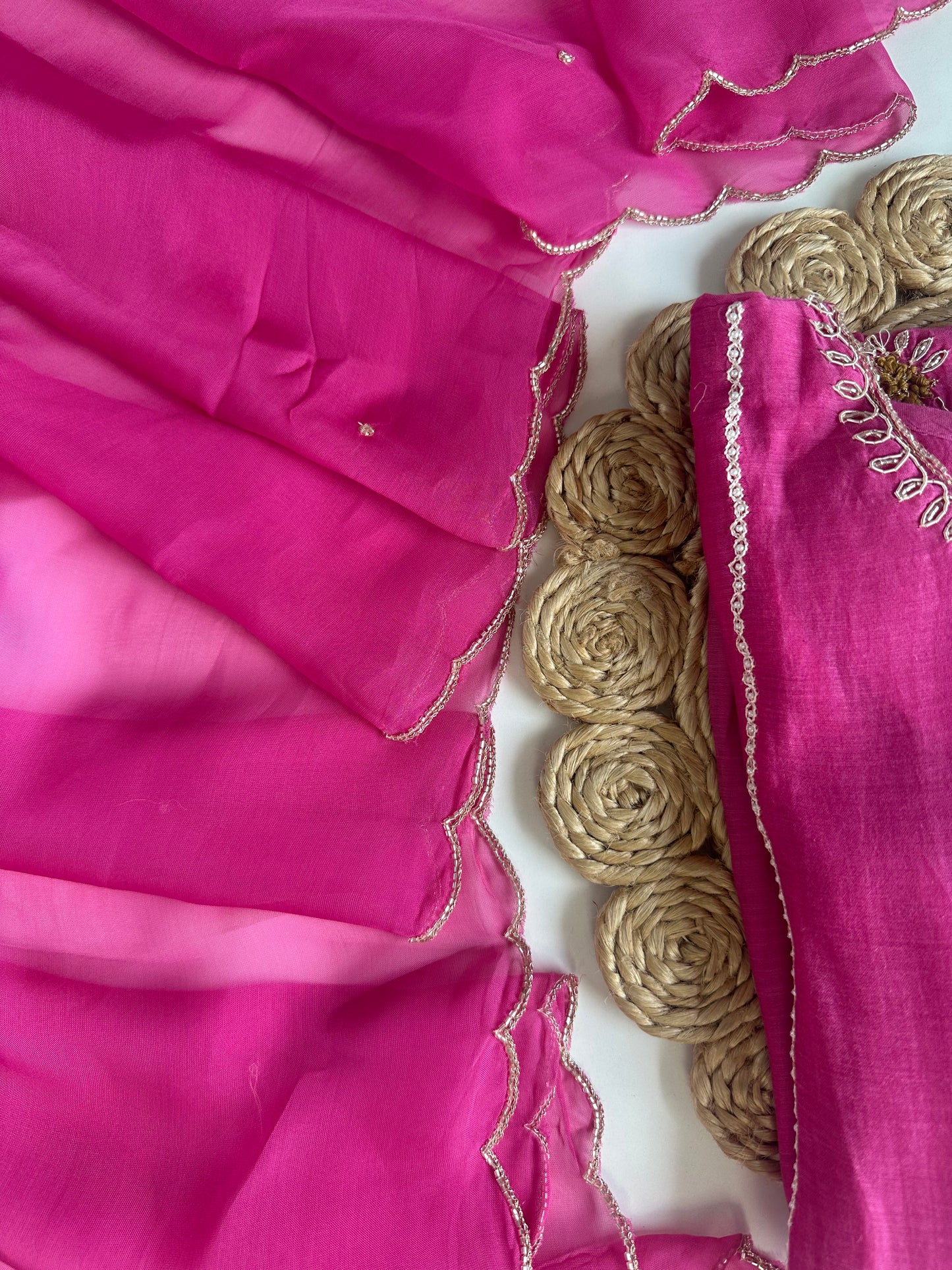 K477 - Mul Chanderi handwork Aline Kurti with pants and dupatta