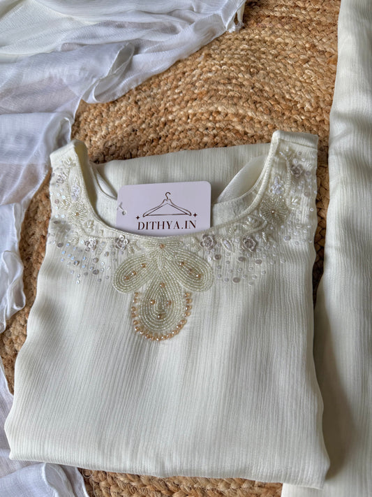 K335 - Pure Chinnon handwork Kurti with divider pants and dupatta