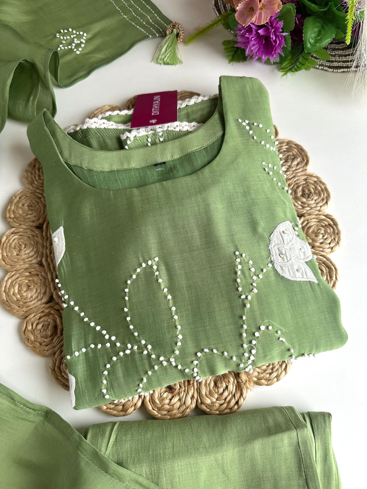 K214 - Mul Chanderi appliqué knot work Aline Kurti with pants and dupatta