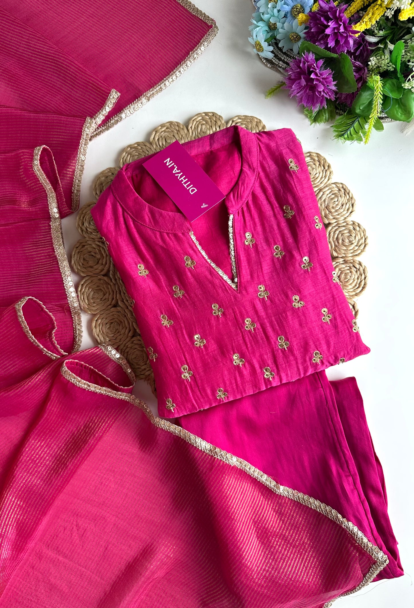 K013 - Mul Chanderi handwork Aline Kurti with pants and dupatta