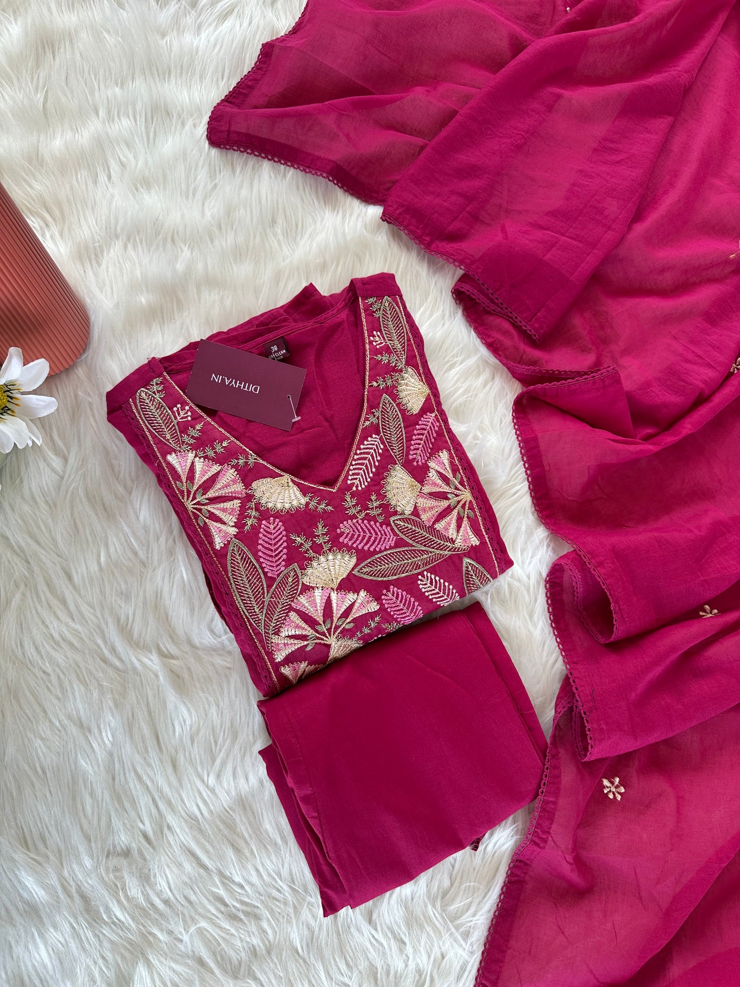 K012 - Mulmul cotton embroidered Aline Kurti with pants and dupatta in 2 colours