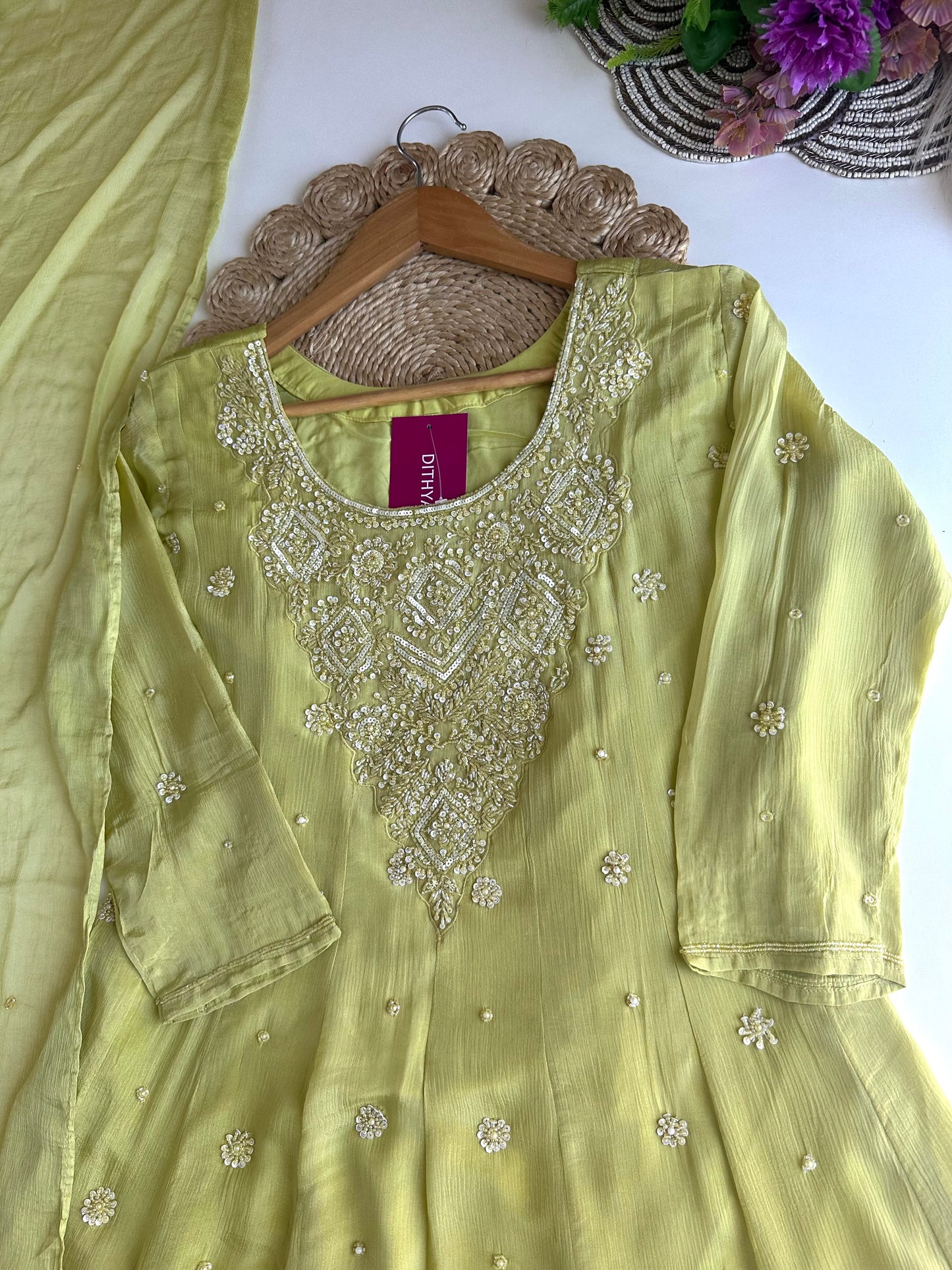 K063 - Chinnon heavy handwork Anarkali with pants and dupatta