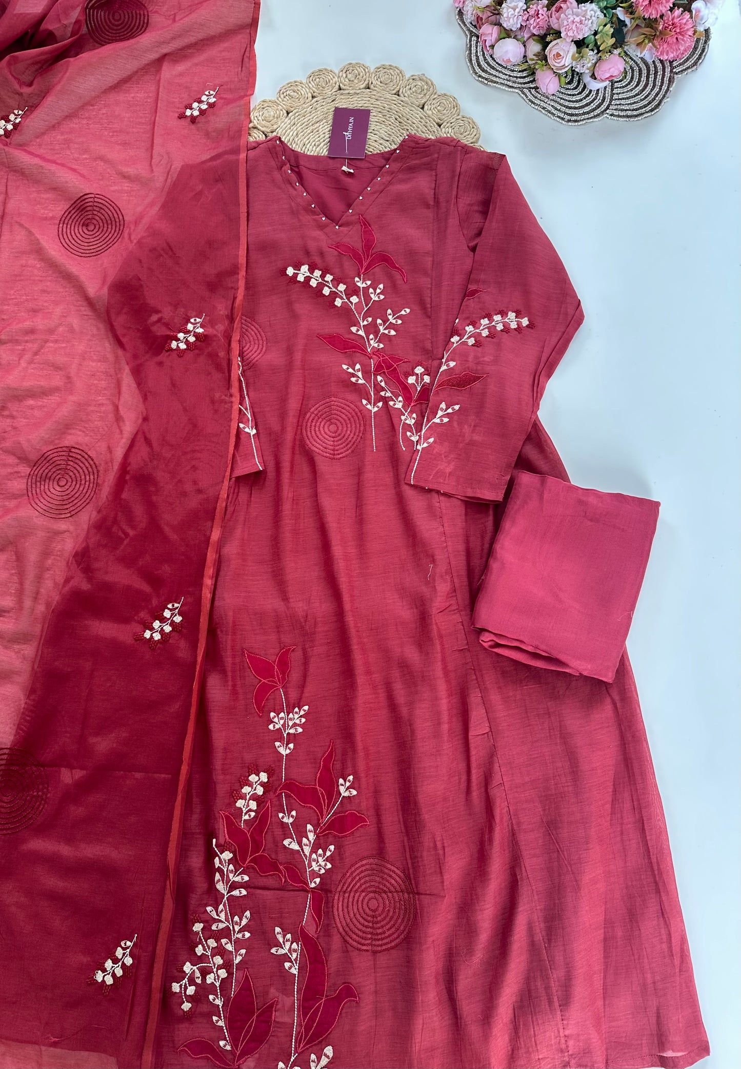 K210 - Mul Chanderi appliqué work Anarkali with pants and dupatta in 2 colours