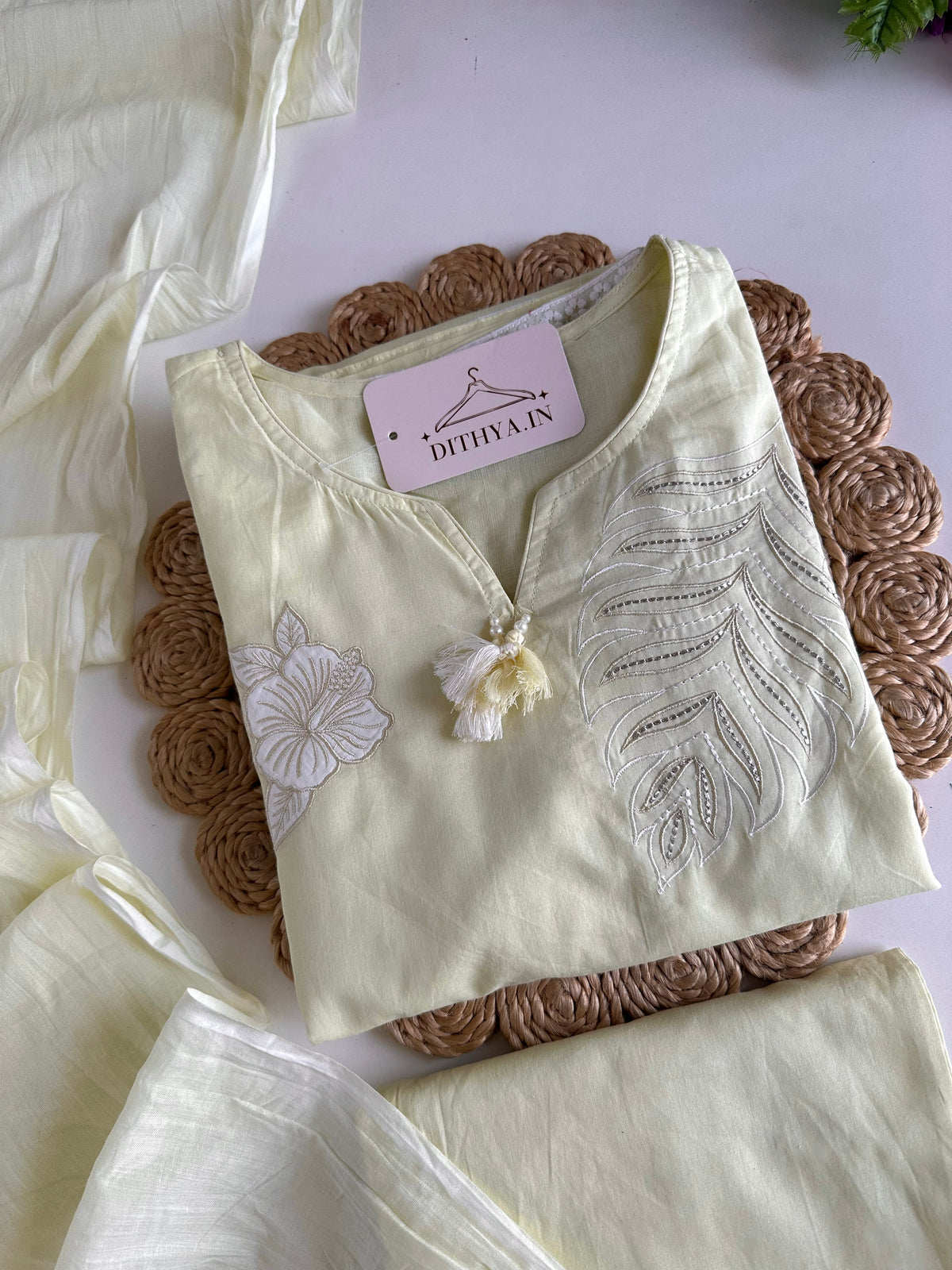K159 - Mul cotton embroidered straight Kurti with pants and dupatta