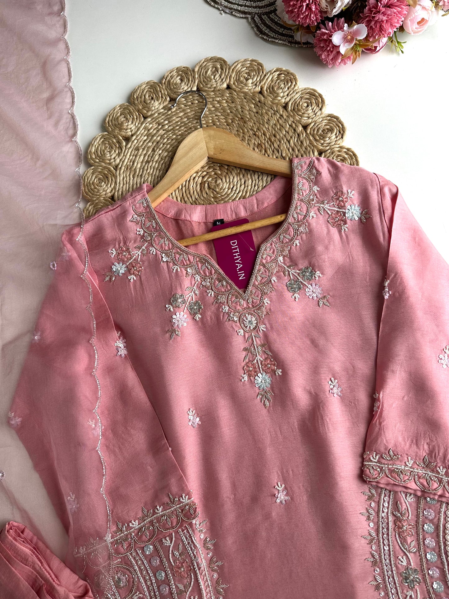 K052 - Russian silk handwork short Kurti with pants and dupatta