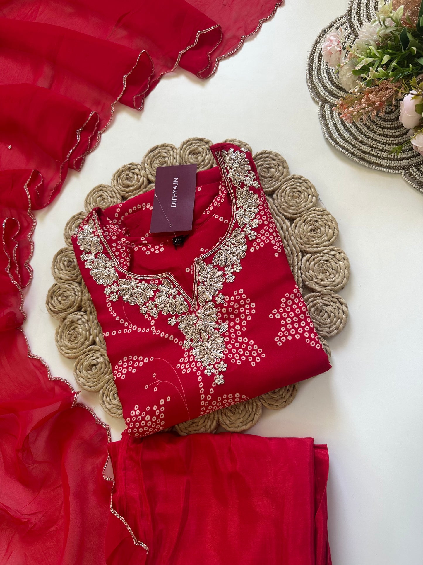 K295 - Russian silk handwork straight kurti with pants and dupatta.