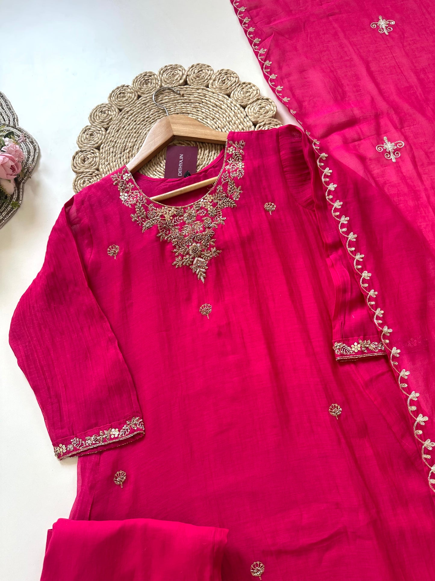 K170 - Zardosi work Mul Chanderi Aline Kurti with pants and dupatta.