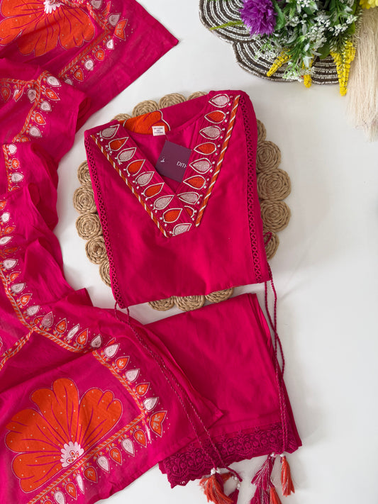 K531 - Mul Cotton embroidered aline Kurti with pants and dupatta