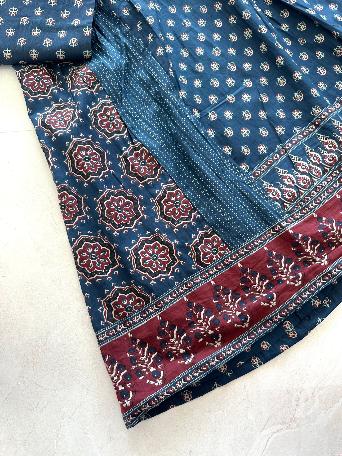 K082 - Cotton Aline Kurti Indigo print with palazzo and dupatta.