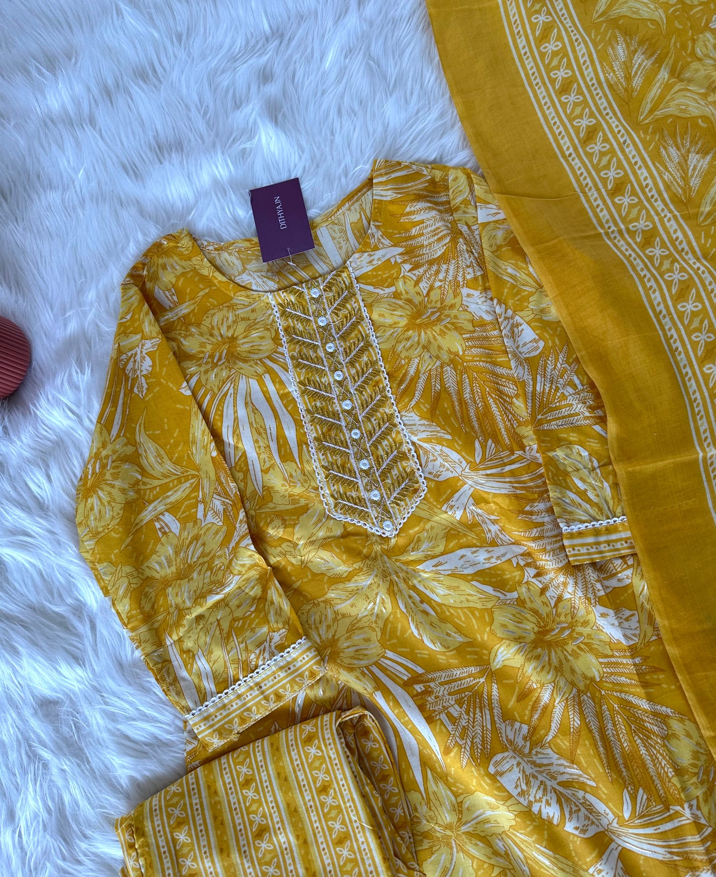 K385 - Cotton printed straight Kurti with pants and dupatta in 2 colours