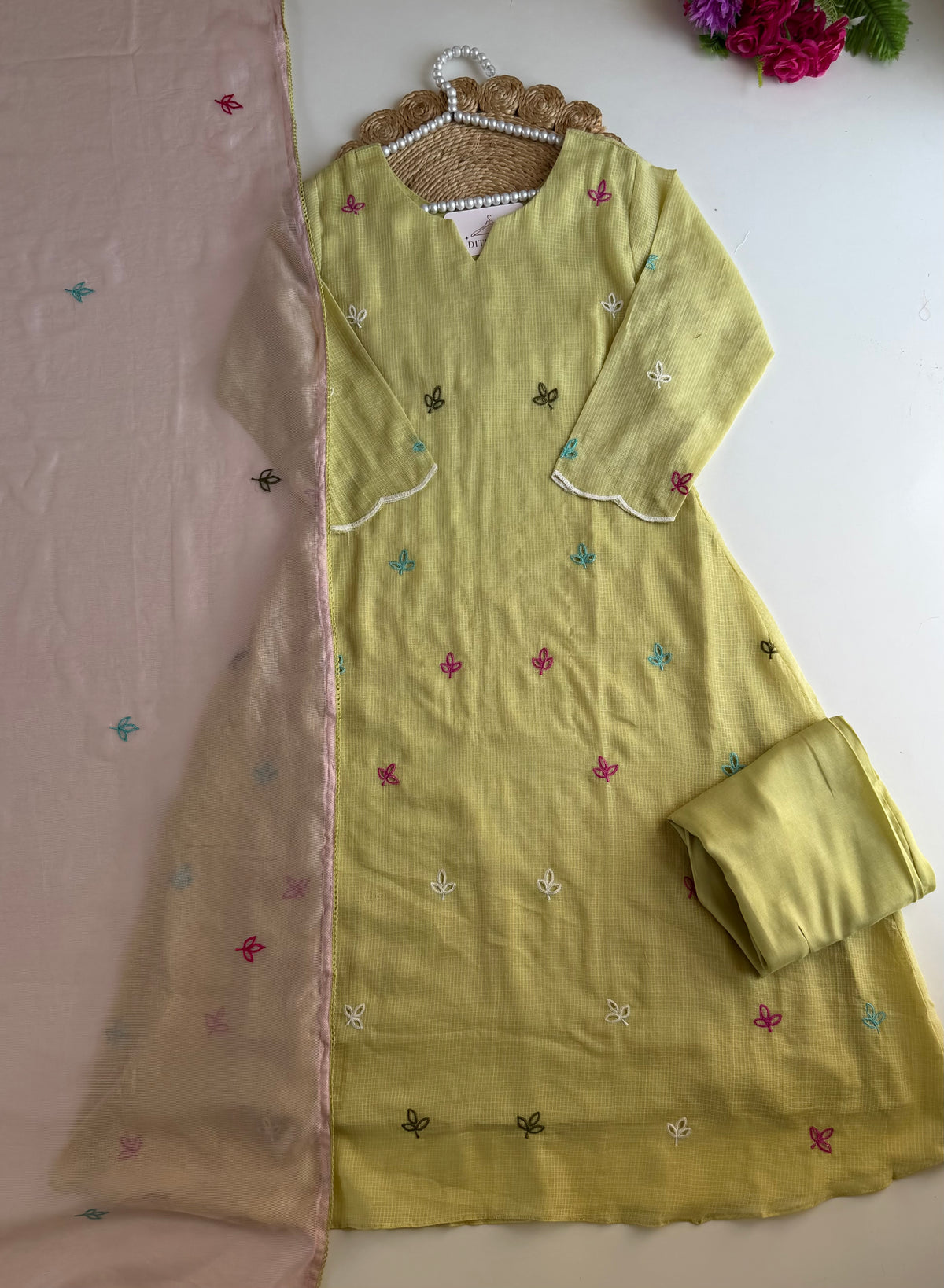 K077 - Kota doriya embroidered Aline Kurti with pants and dupatta