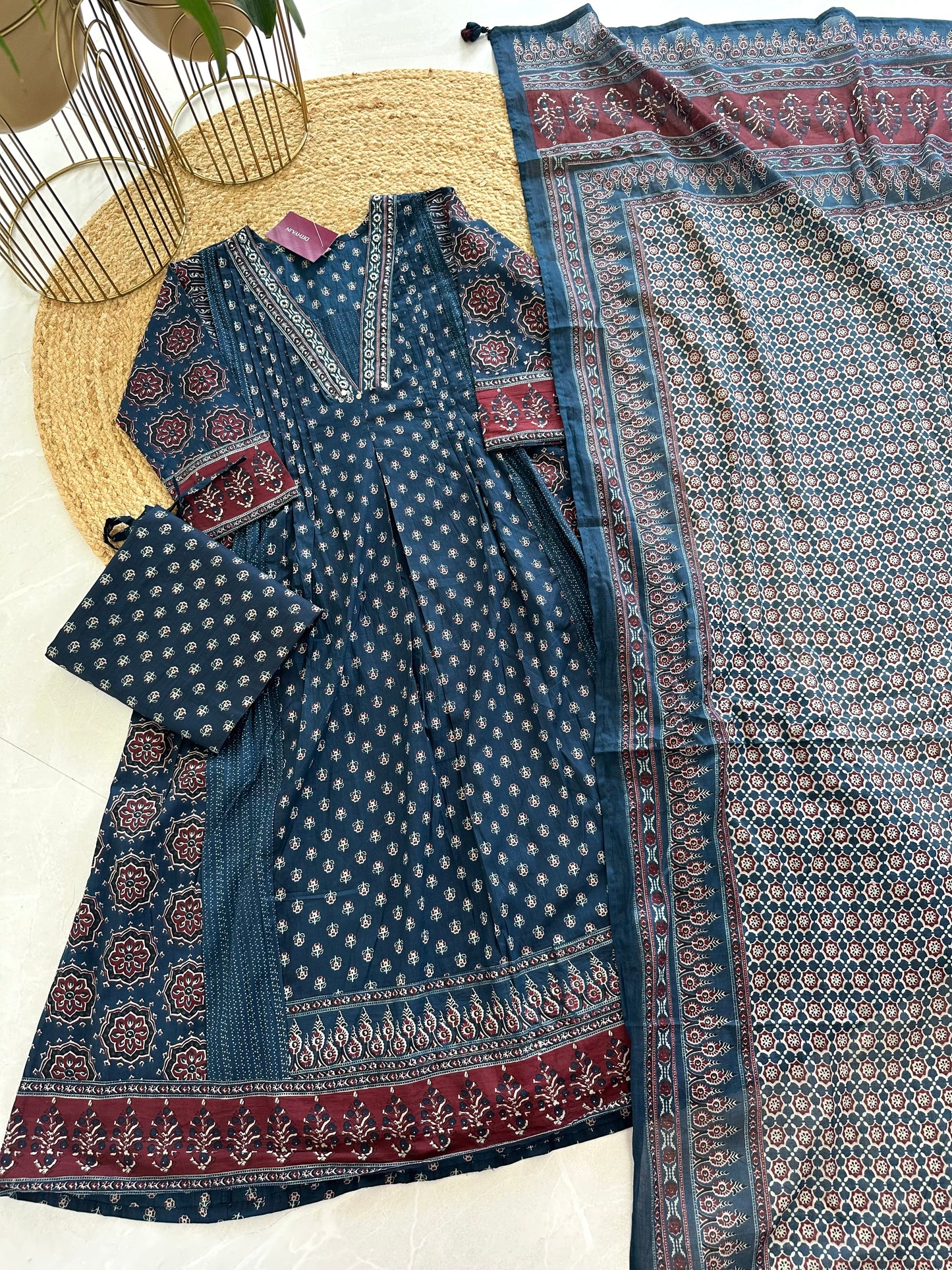 K082 - Cotton Aline Kurti Indigo print with palazzo and dupatta.