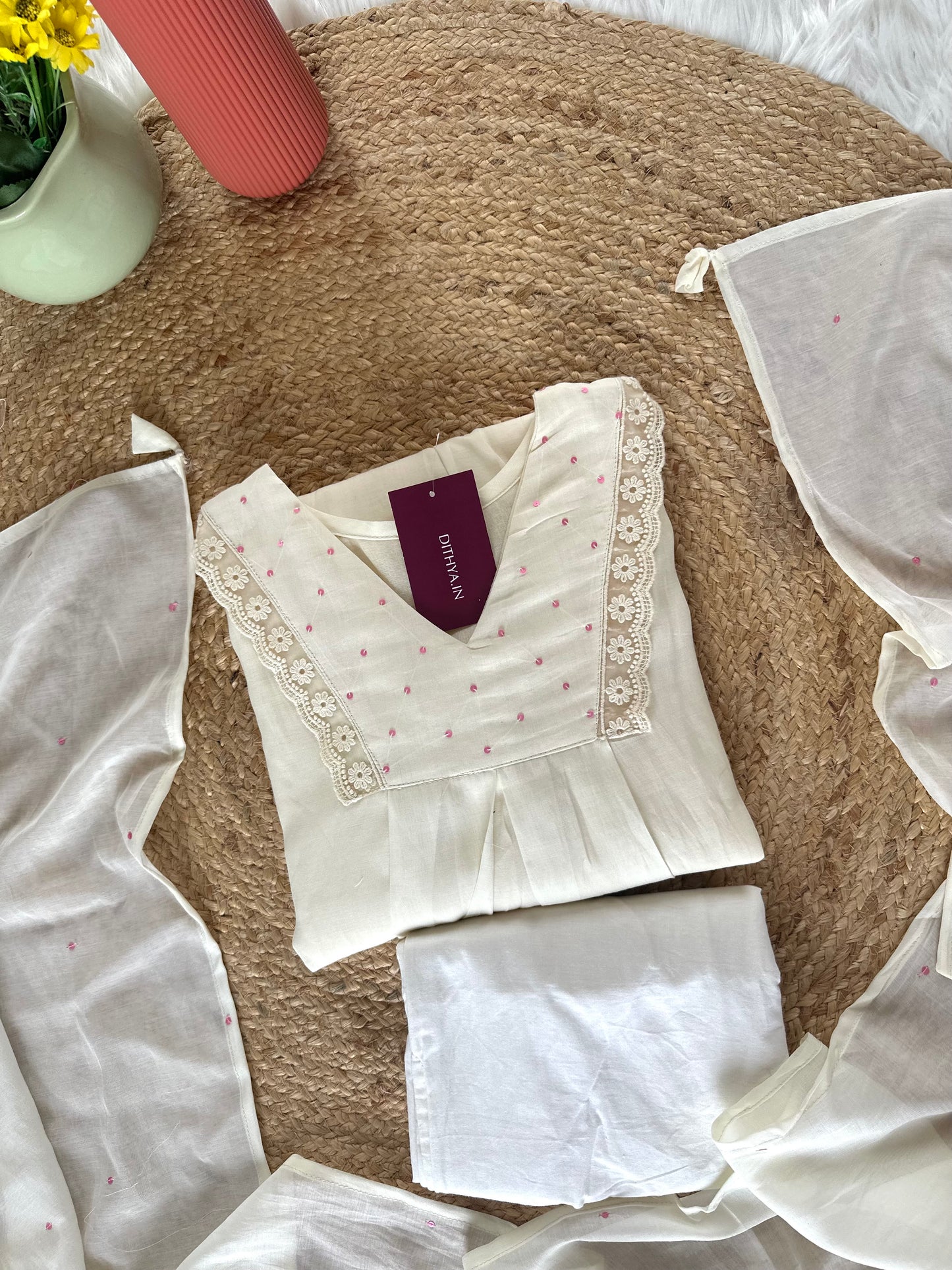 K065 - Mul Chanderi handwork Aline Kurti with pants and dupatta in 3 colours