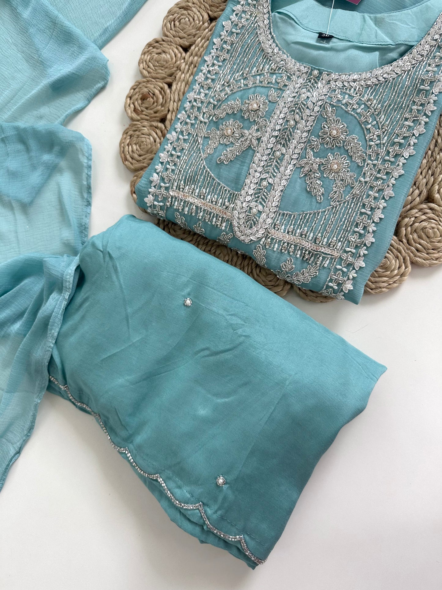 K165 - Chinnon heavy handwork short Kurti with palazzo and dupatta