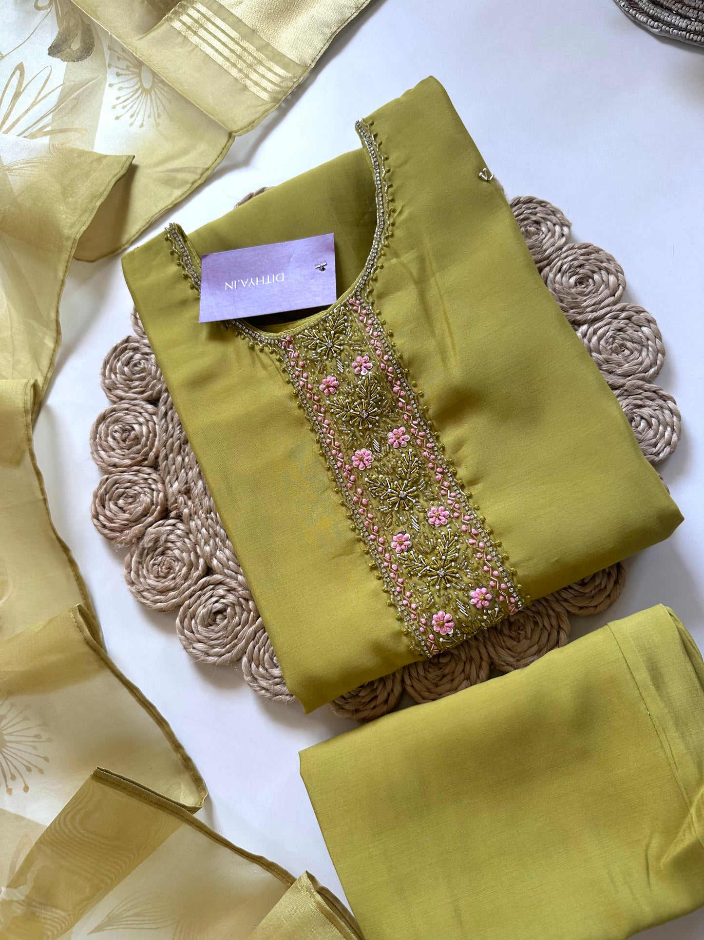 K198 - Roman silk handwork straight kurti with pants and dupatta in 2 colours.