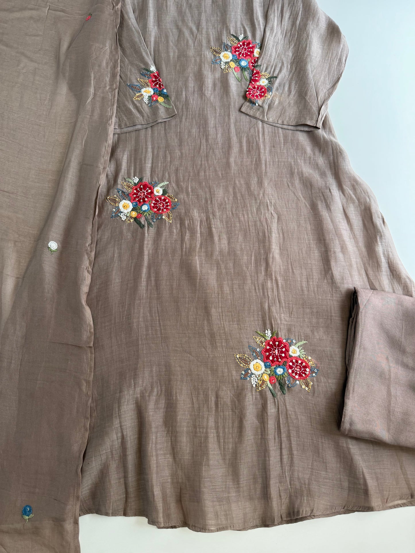 K509 - Mul chanderi embroidered aline Kurti with pants and dupatta