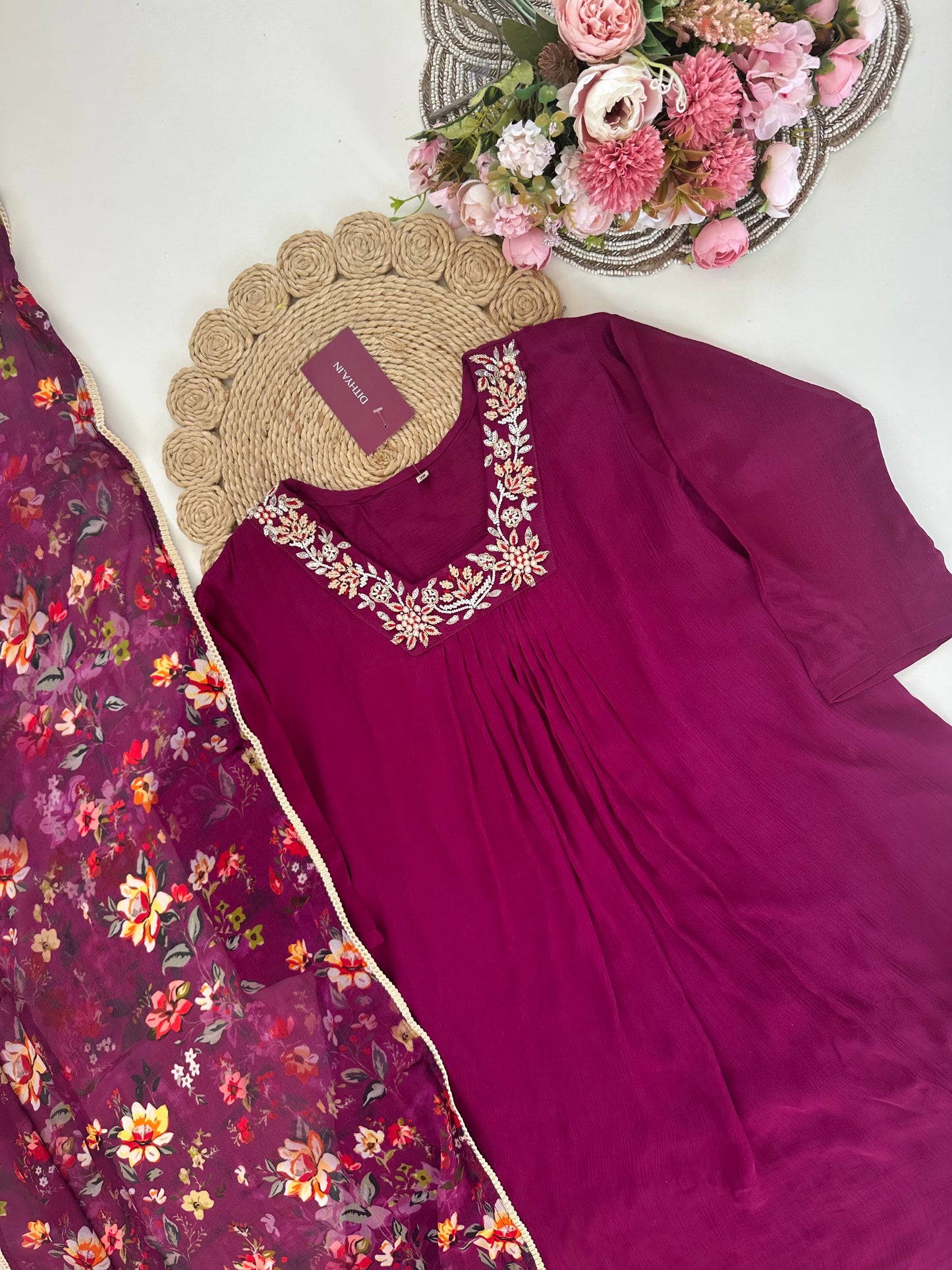 K402 - Chinnon handwork Aline Kurti with pants and viscose organza dupatta