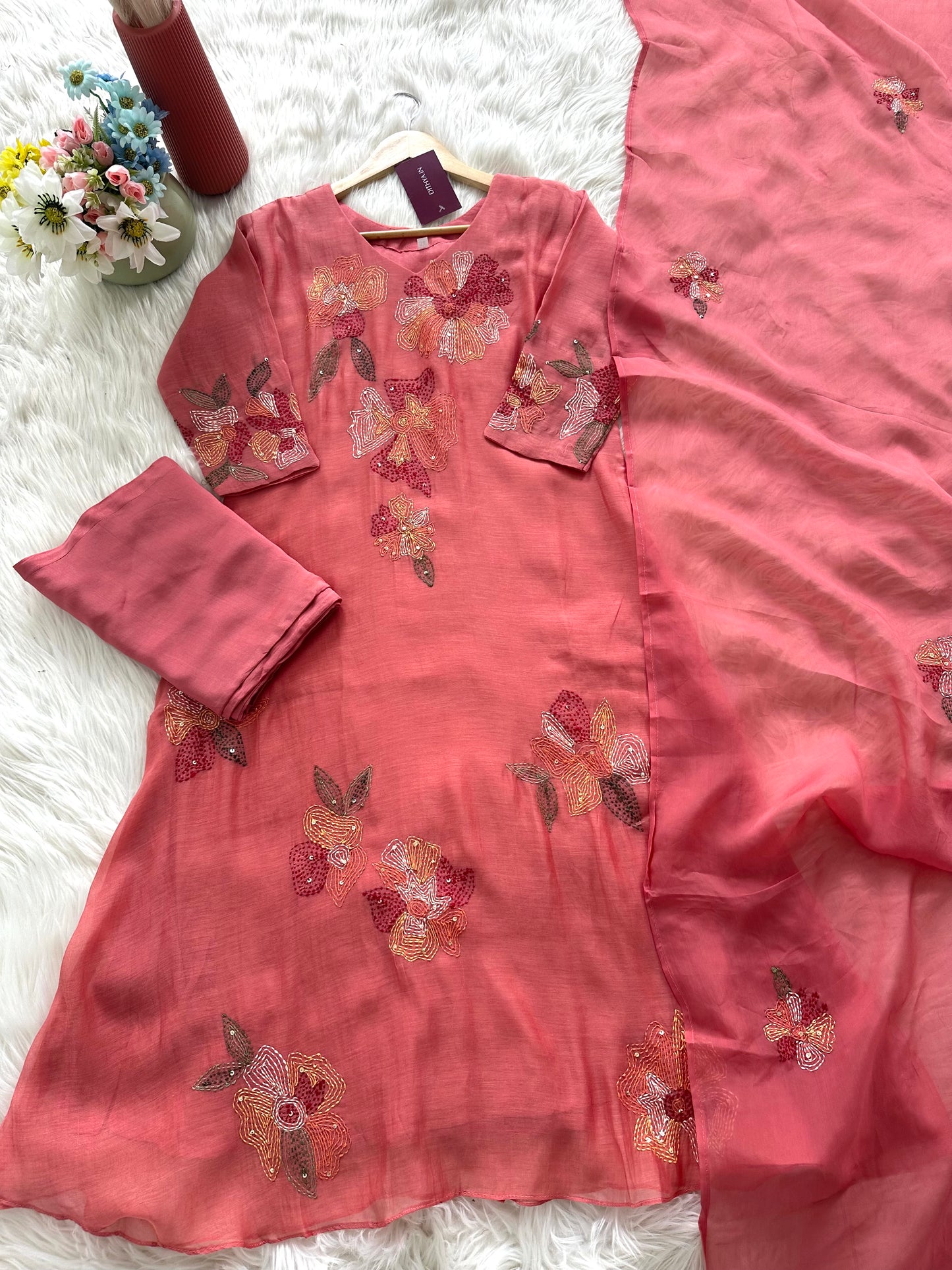 K261 - Mul Chanderi Embroidered Aline Kurti with pants and dupatta