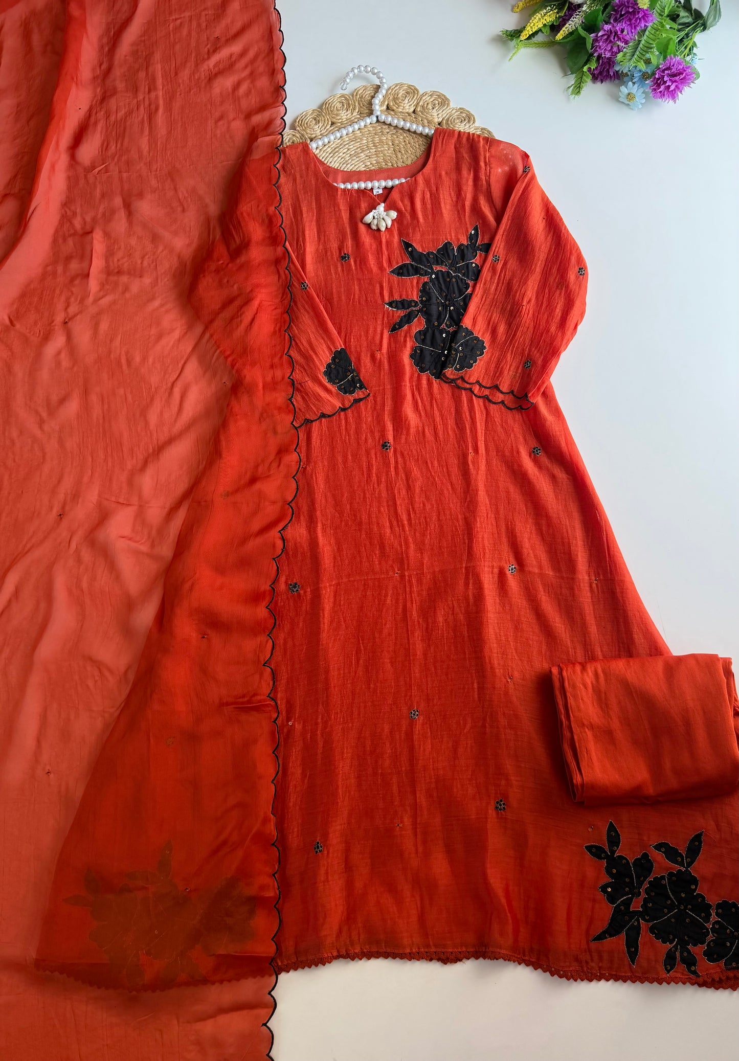 K391 - Mul chanderi handwork aline Kurti with pants and dupatta