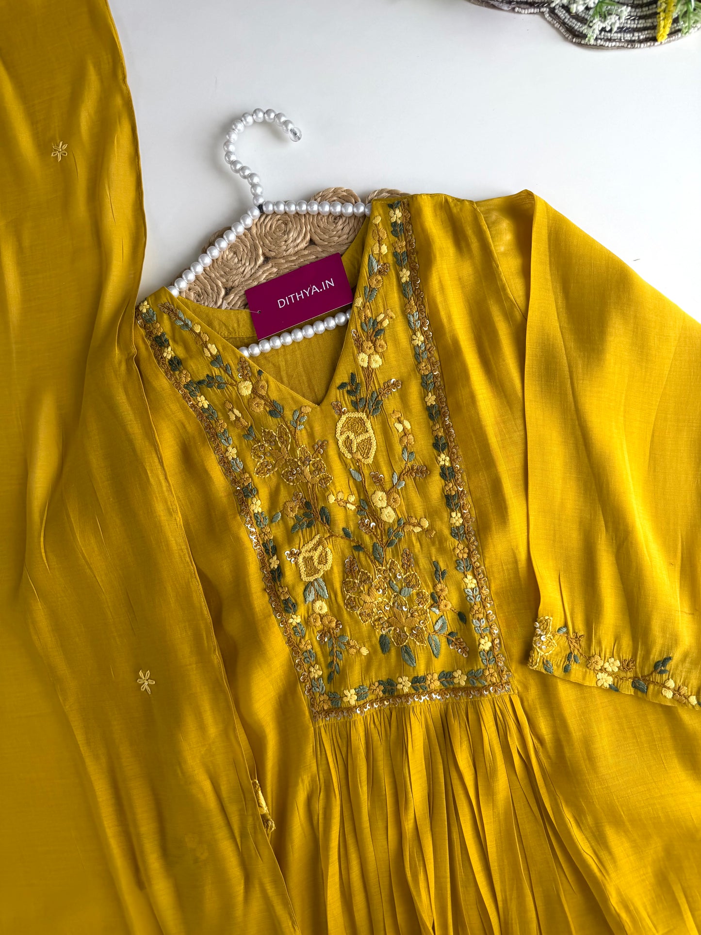 K341 - Mul chanderi Embroidered Aline Kurti with pants and dupatta