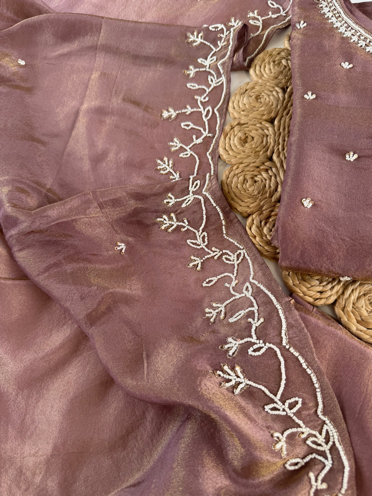 K602 - Tissue silk pearl work straight Kurti with pants and dupatta in 2 colours