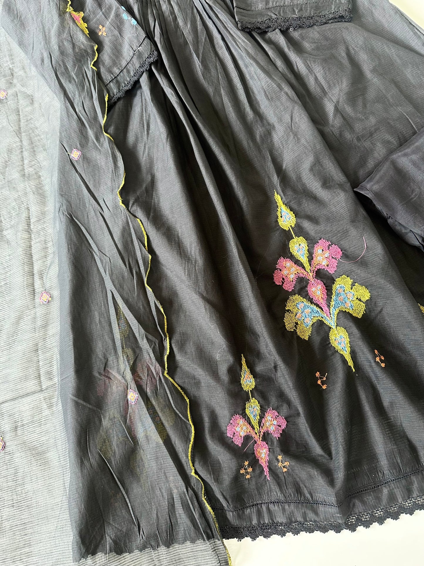 K012 - Doriya cotton embroidered Anarkali with pants and dupatta