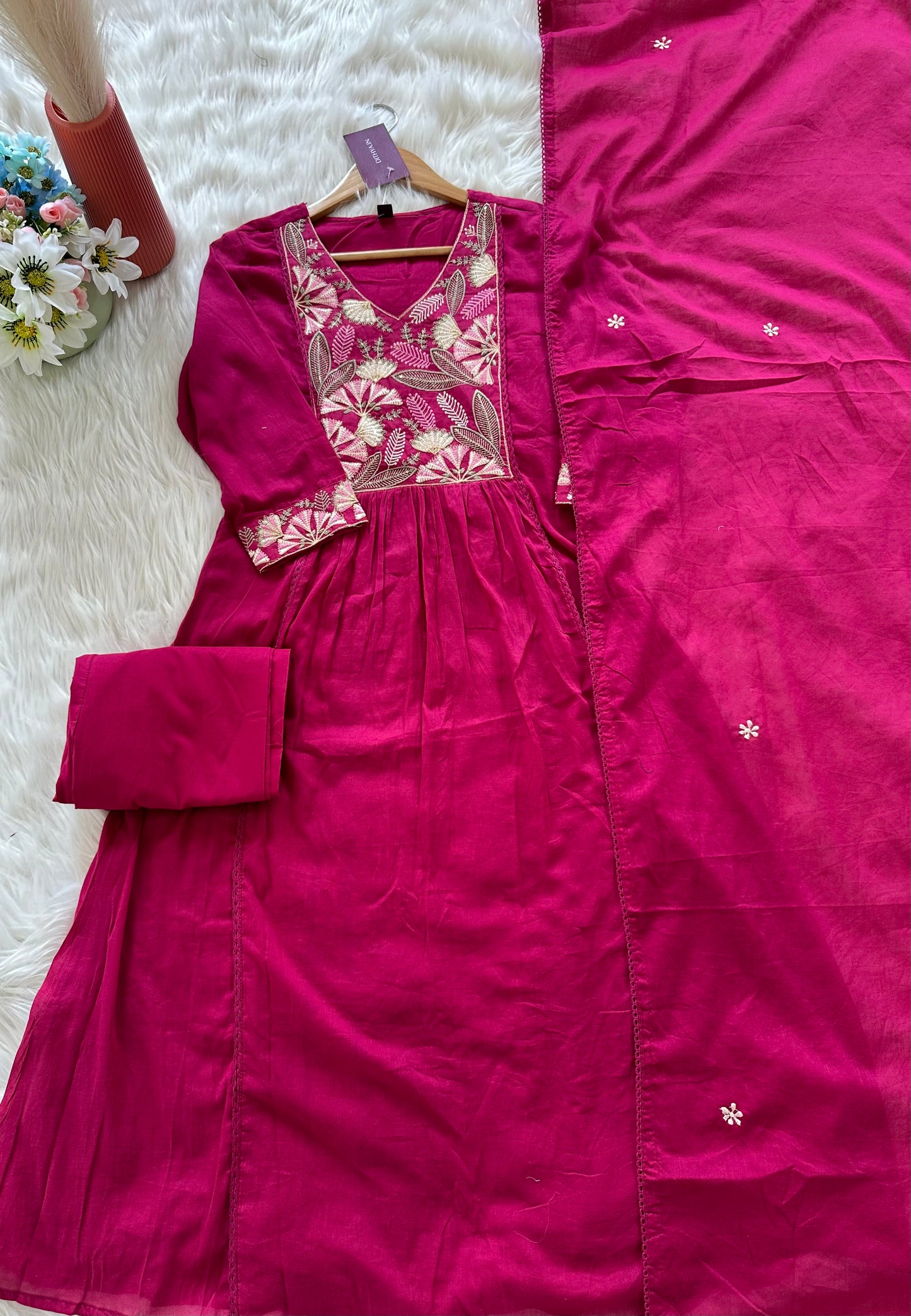 K012 - Mulmul cotton embroidered Aline Kurti with pants and dupatta in 2 colours