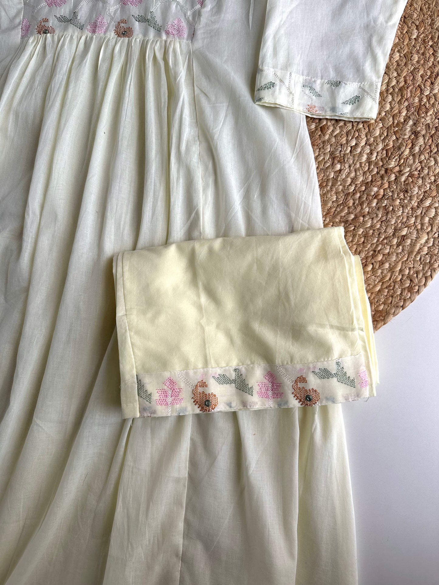 K394 - Cotton embroidered Aline Kurti with pants and dupatta