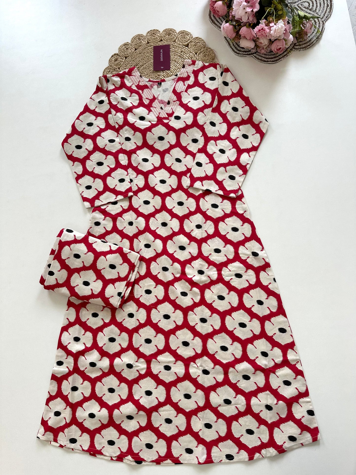 K350 - Cotton printed Aline Kurti with pants in 2 colours