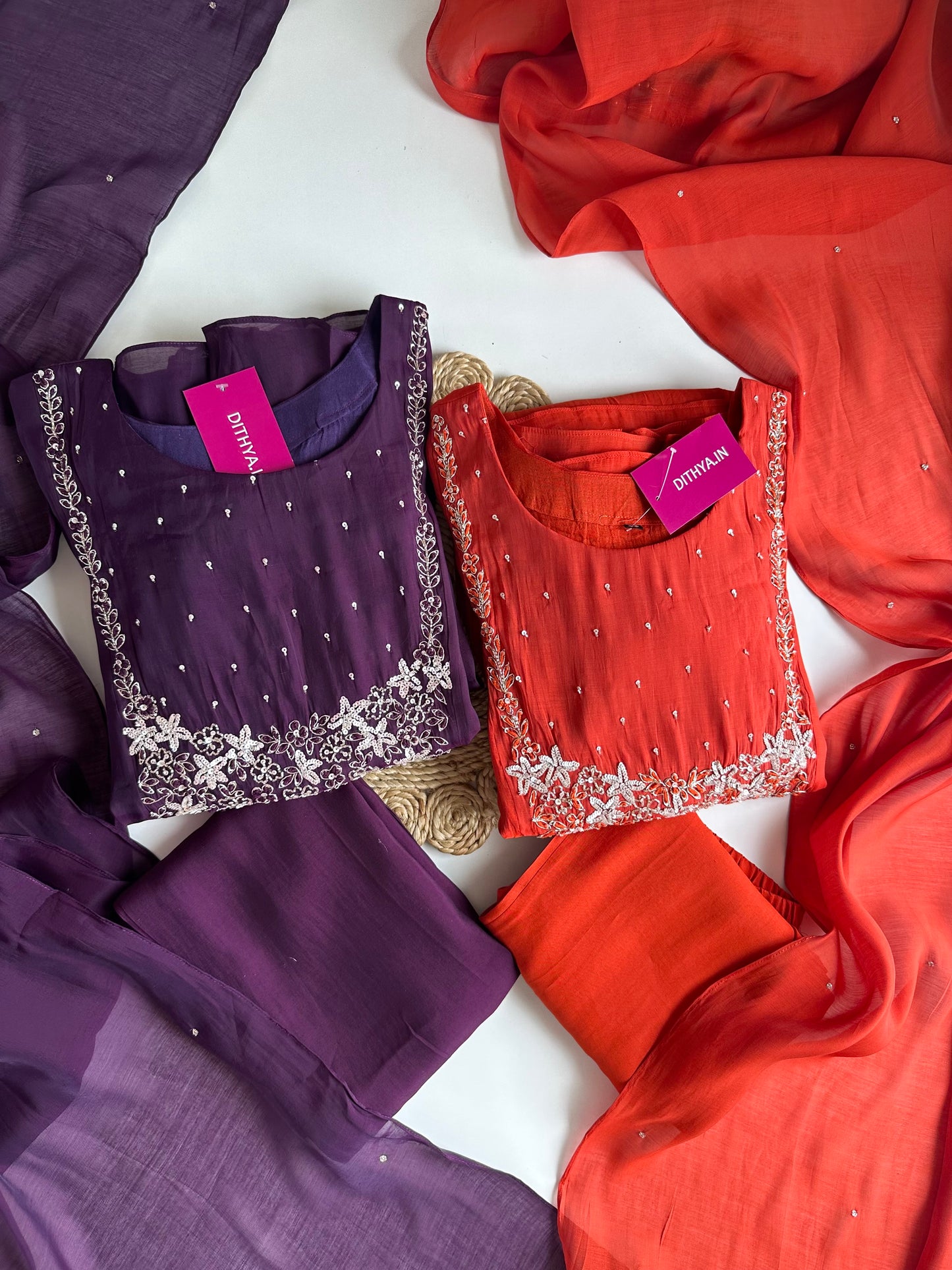 K007 - Mul Chanderi handwork Aline Kurti with pants and dupatta in 2 colours