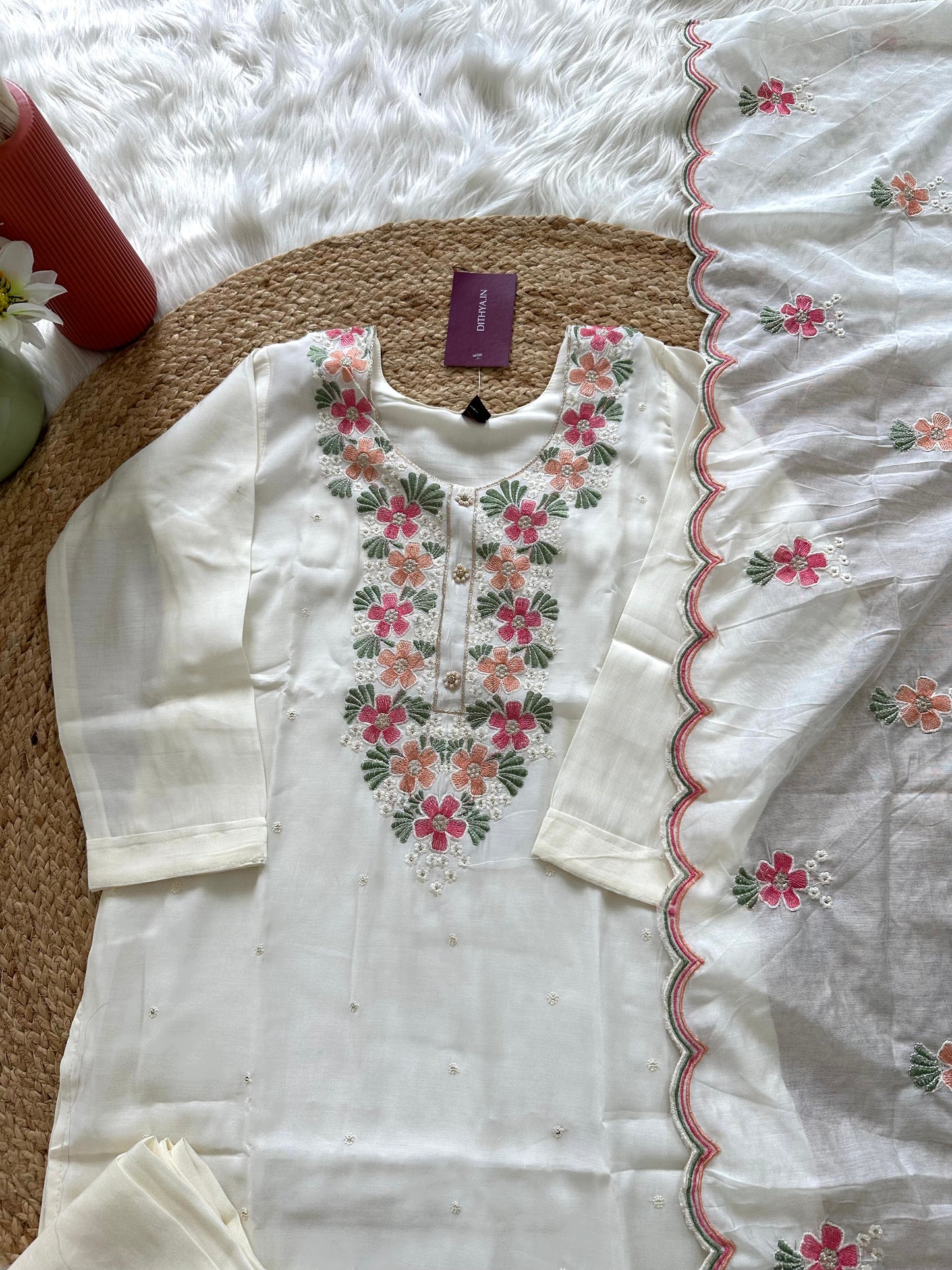 K314 - Roman silk embroidered straight Kurti with pants and dupatta