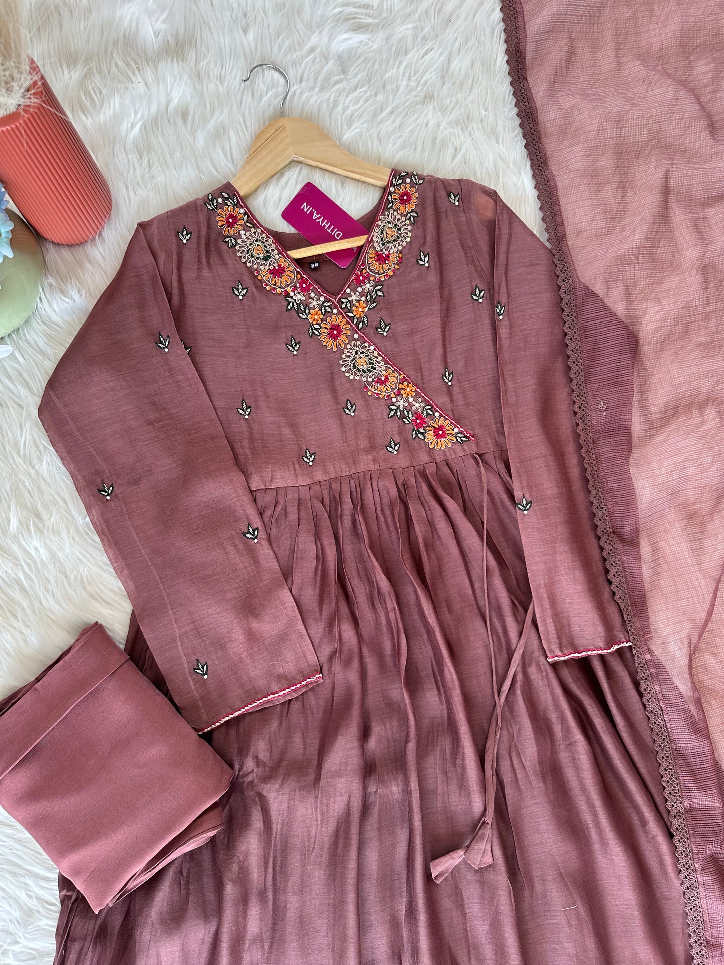 K404 - Mul Chanderi Handwork Angrakha Aline Kurti with pants and dupatta