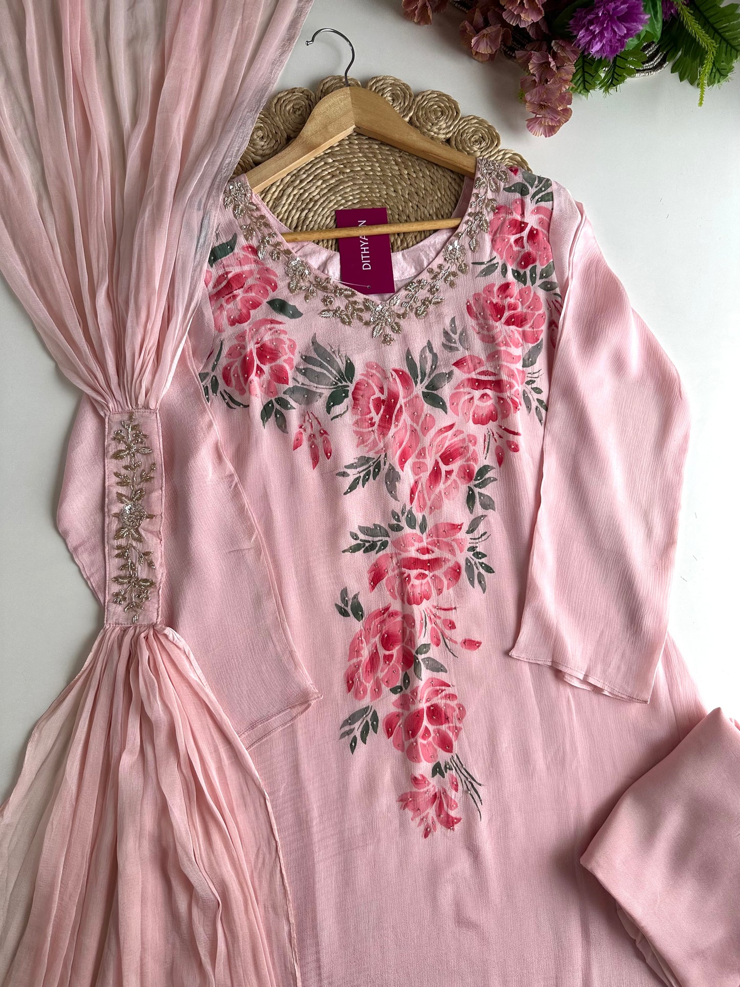 K395 - Chinnon Handwork Aline Kurti with pants and dupatta