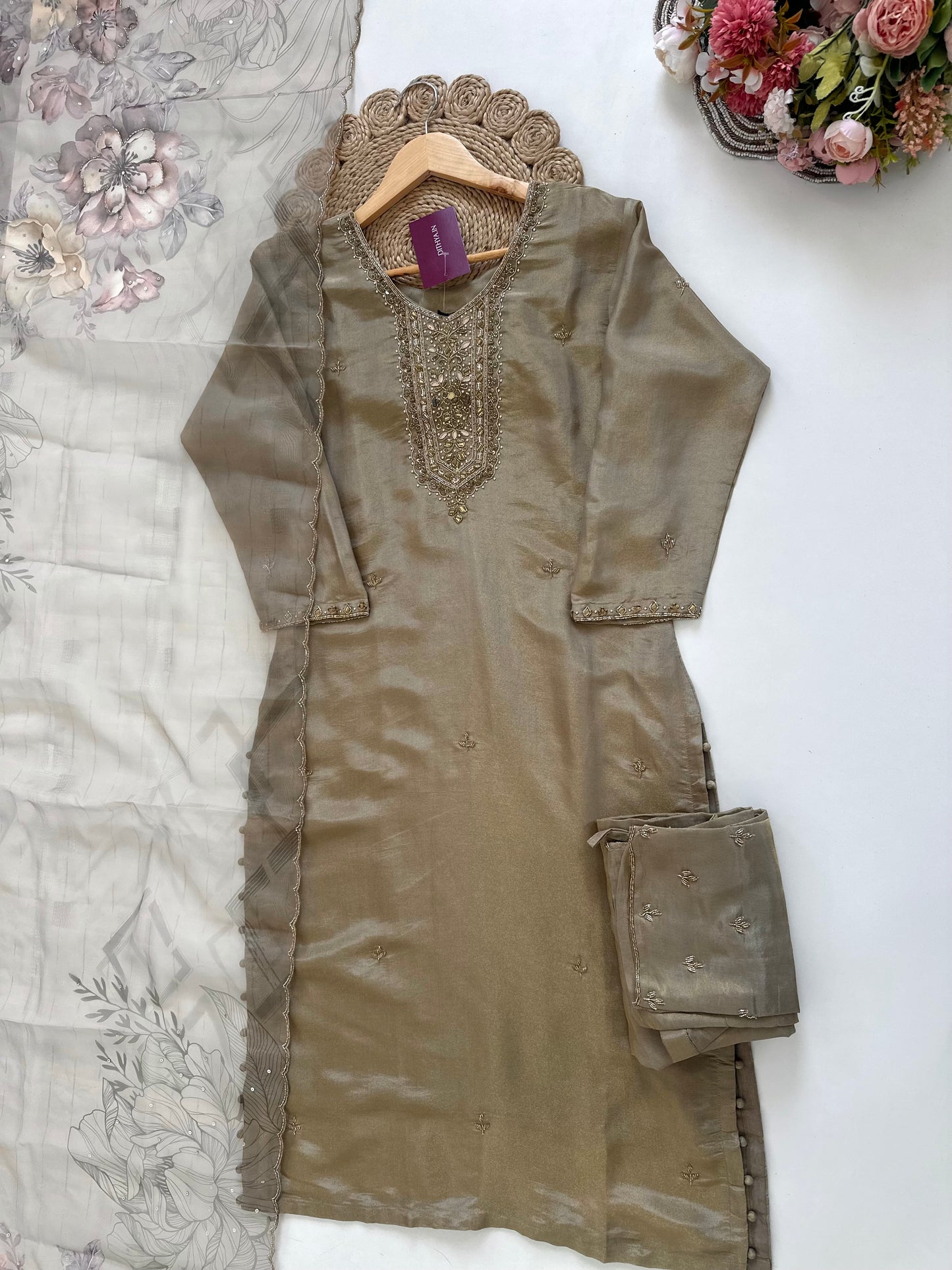 K106 - Tissue silk handwork straight kurti with pants and dupatta