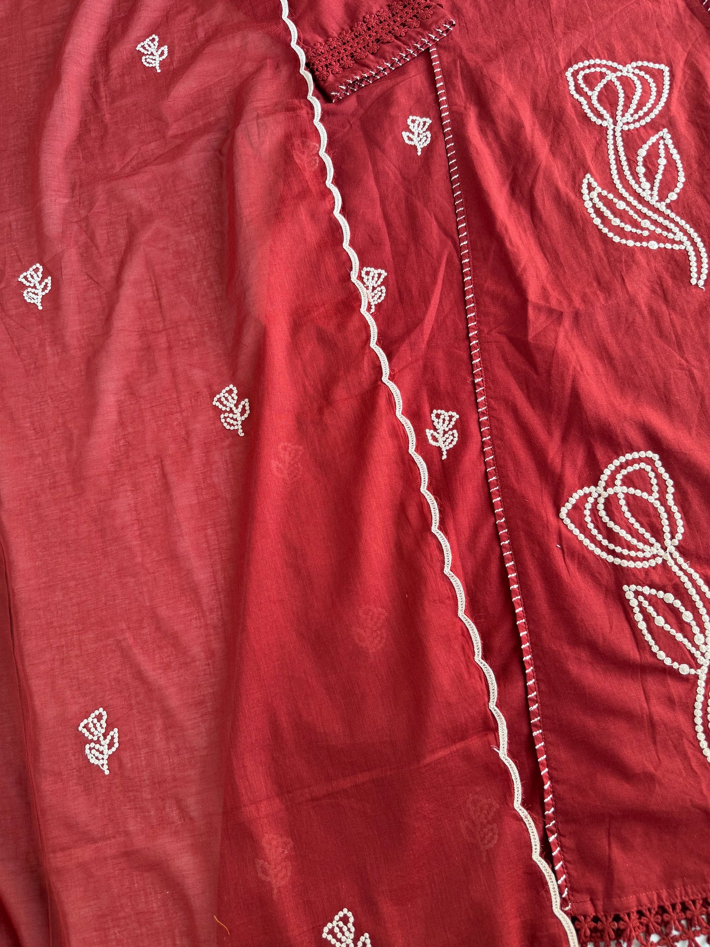 K106 - Mul cotton embroidered Aline Kurti with pants and dupatta