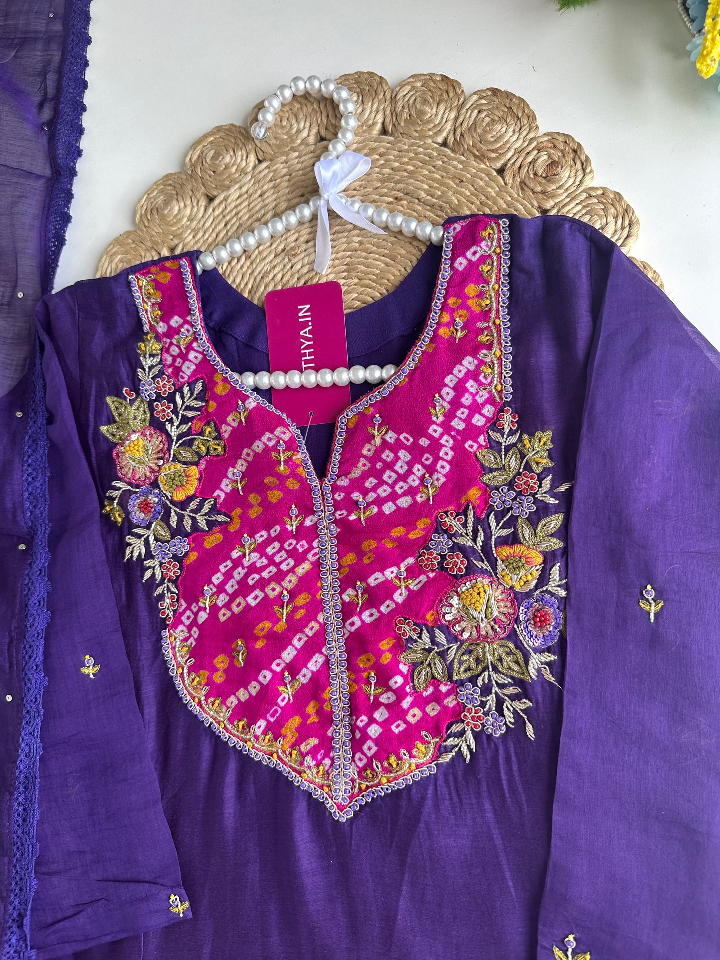 K085 - Mul Chanderi Handwork Aline Kurti with pants and dupatta