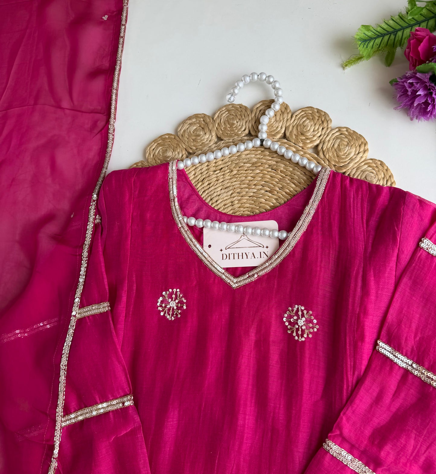 K524 - Mul chanderi handwork aline Kurti with pants and dupatta
