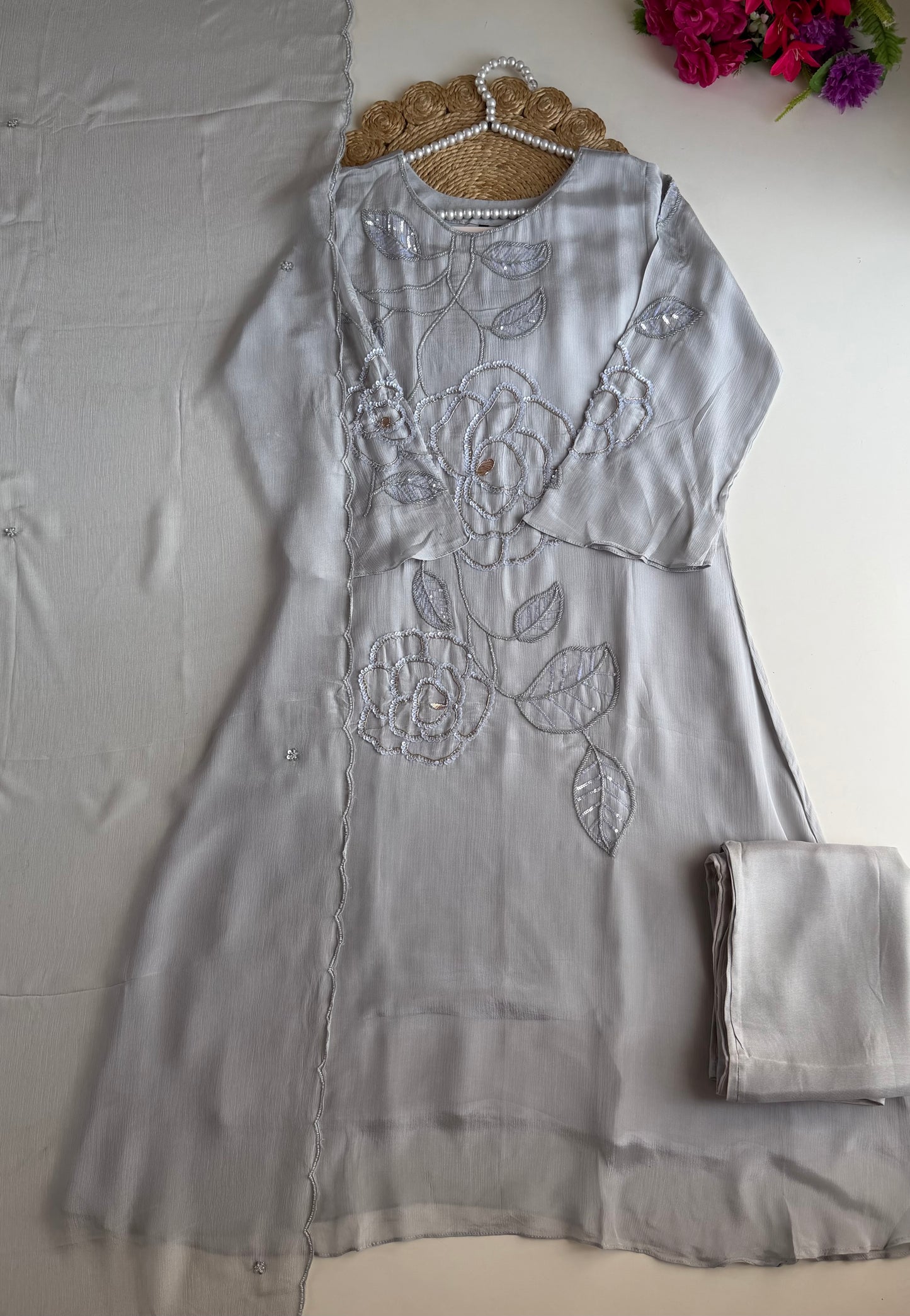K244 - Pure Chinnon handwork aline Kurti with pants and dupatta